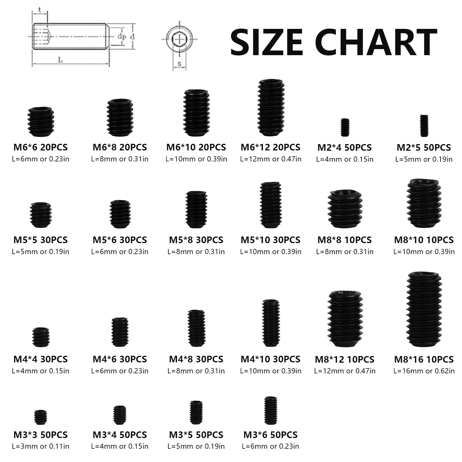 Lot de 666 vis sans tête à six pans creux M2 M3 M4 M5 M6 M8 Vis sans tête à six pans creux Vis vers Allen Acier au carbone Assortiment de vis sans tête avec clé Allen