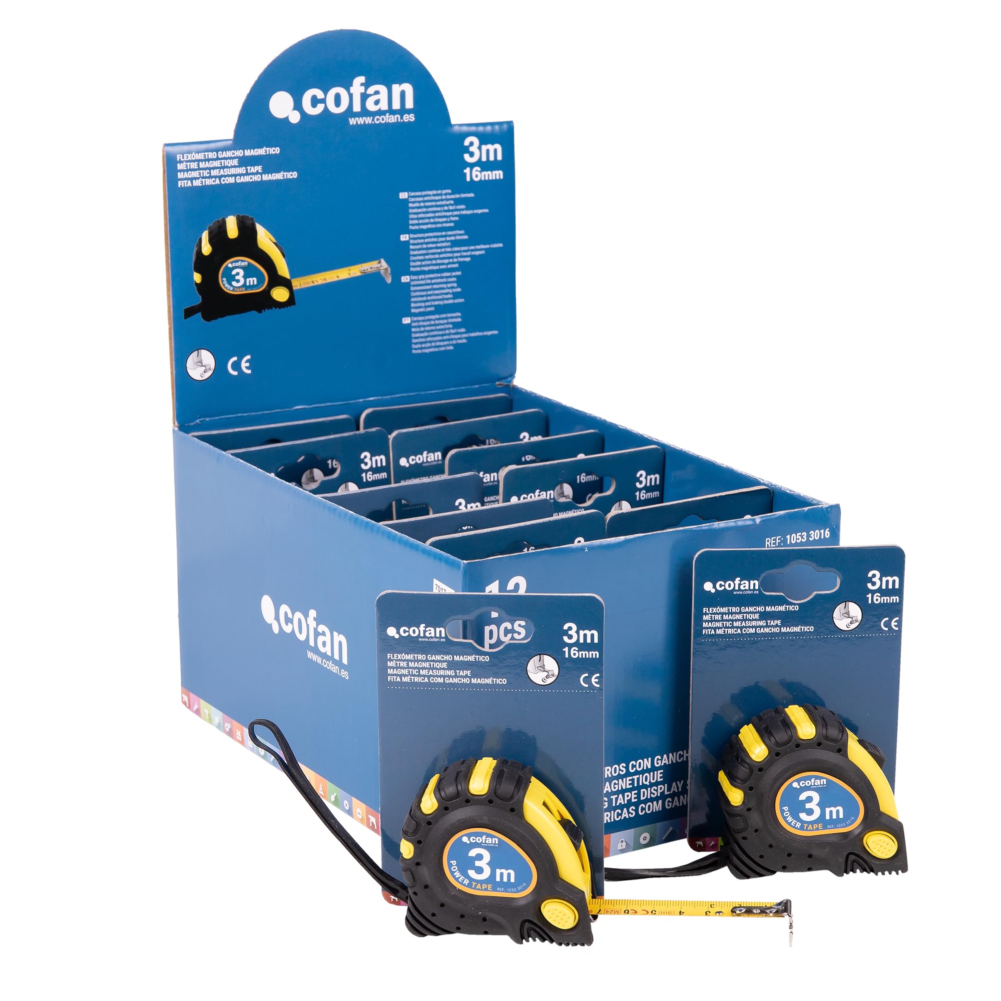 Cofan Expositor para flexómetros magnéticos de Cofan | Incluye 12 flexómetros | Flexómetro de 3 m x 16 mm (hoja) | Medida Expositor: 26,6 x 17,8 x 13,5 cm