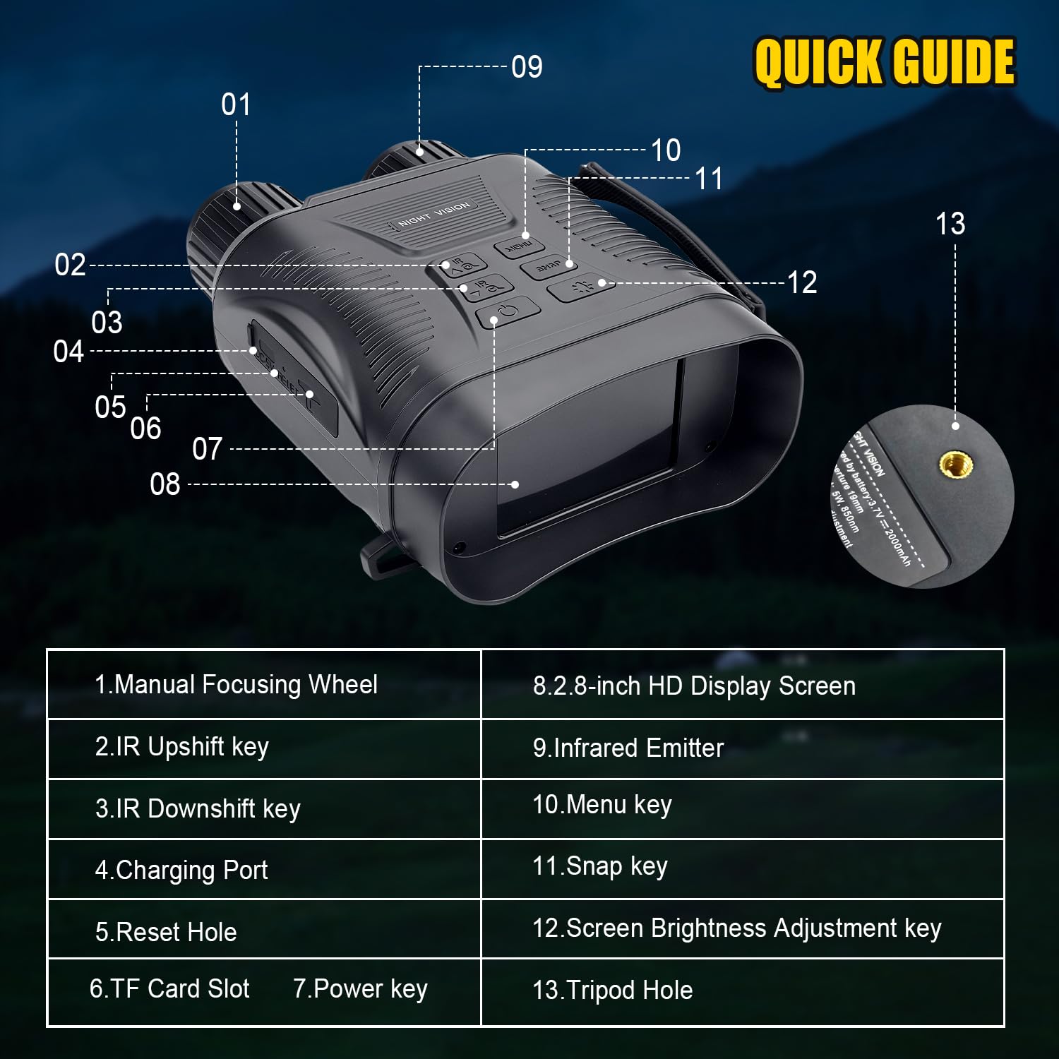 Occhiali per visione notturna, binocolo 4K per visione notturna con batteria di ricarica rapida da 2000 mAh, schermo HD da 2,8 pollici, raggio di visione da 700 m, per campeggio, caccia e sicurezza
