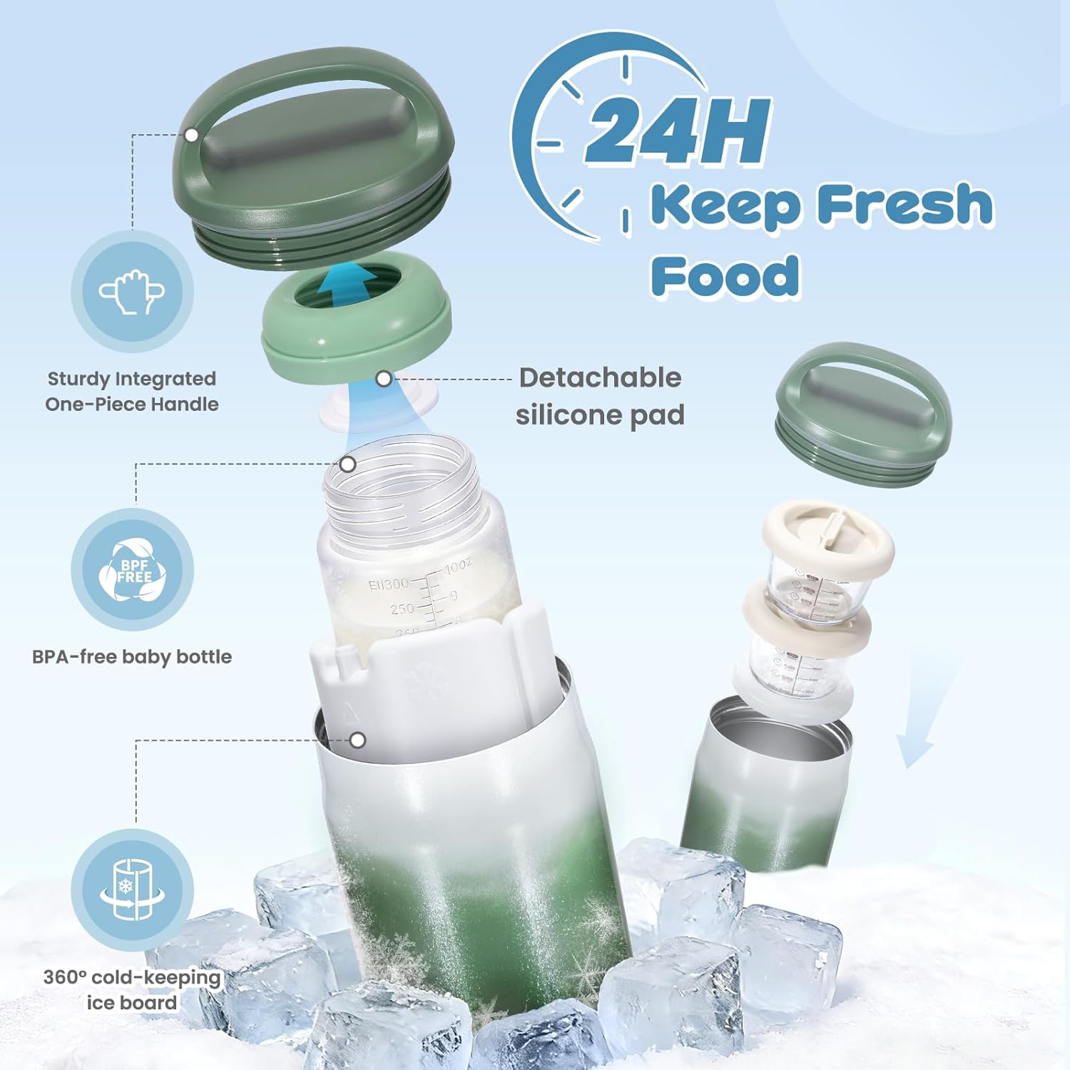 Breast Milk Cooler Bottle 3 in 1 BreastMilk Chiller with 2 Glass Snack Containers for Baby 360°Keep Fresh Cooling for 24hr with Baby Bottle for Milk Storage(Green)