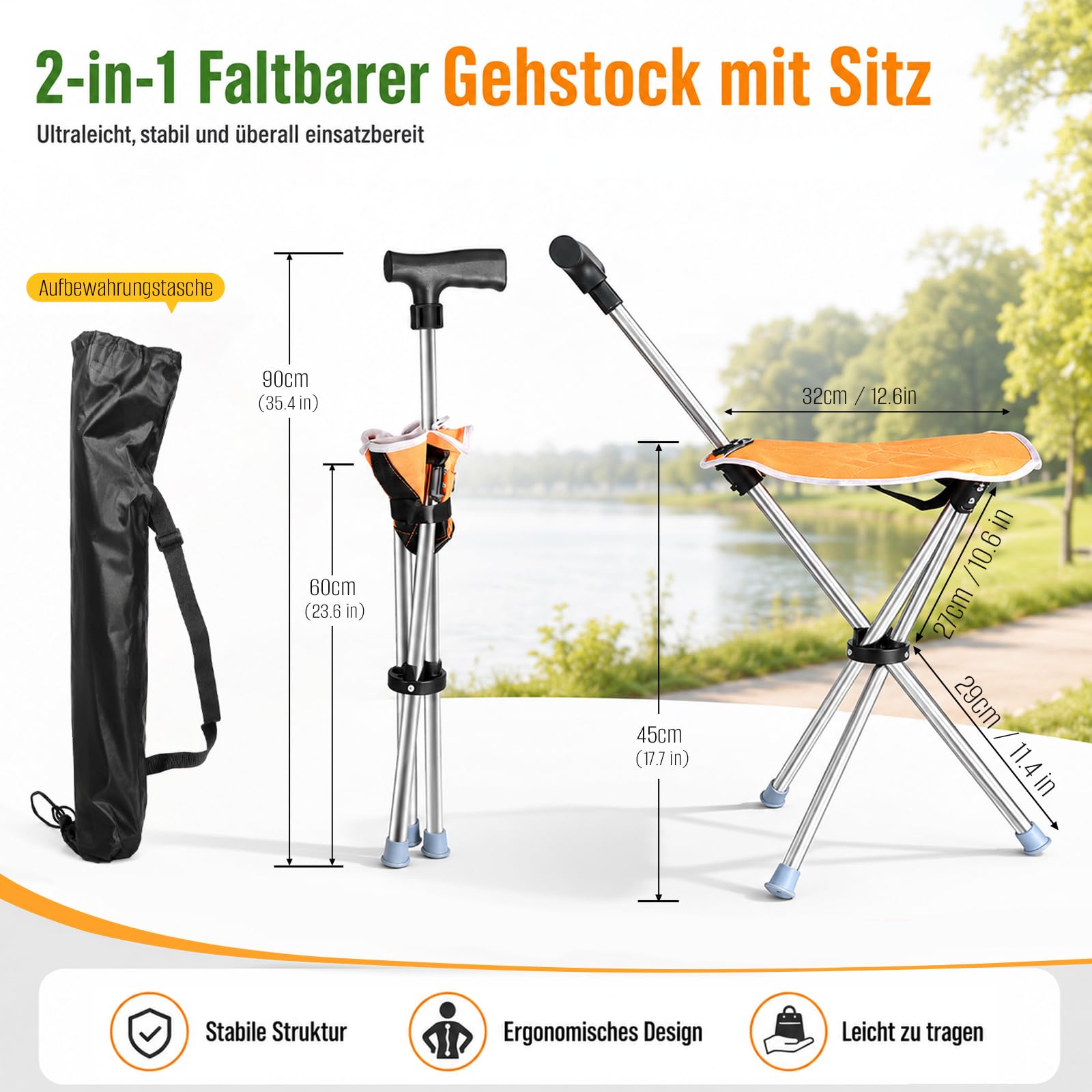 Bastón triangular con asiento, 2 en 1, plegable, peso ligero, 150 kg, para personas mayores y adultos, ideal para viajes al aire libre, camping y montañismo