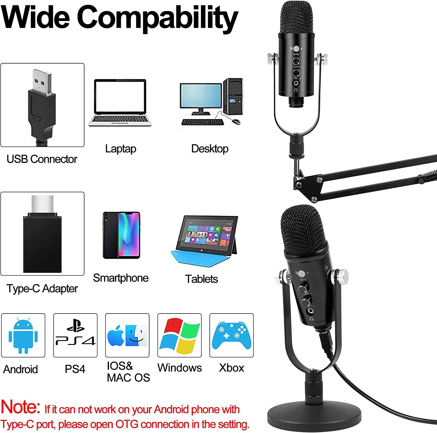 Microfono a Condensatore USB Professionale di Registrazione per Computer Cellulari PC da Studio con Supporto da Tavolo Filtro Antipop