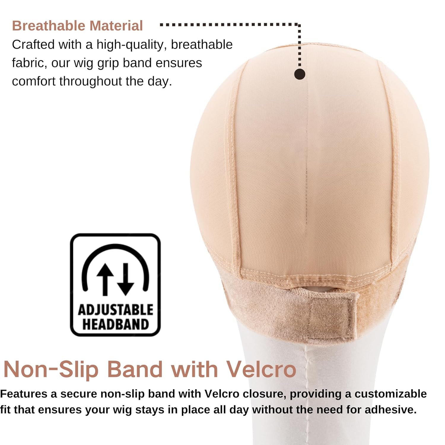 Women Lace Wig Grip Cap - 2x6 Middle Part Lace Area Adjustable Non-Slip Band With Velcro - Wig Gripper Around Lace Edge With Ear-Cutouts Comfortable Breathable No-Headache (LightBrown)