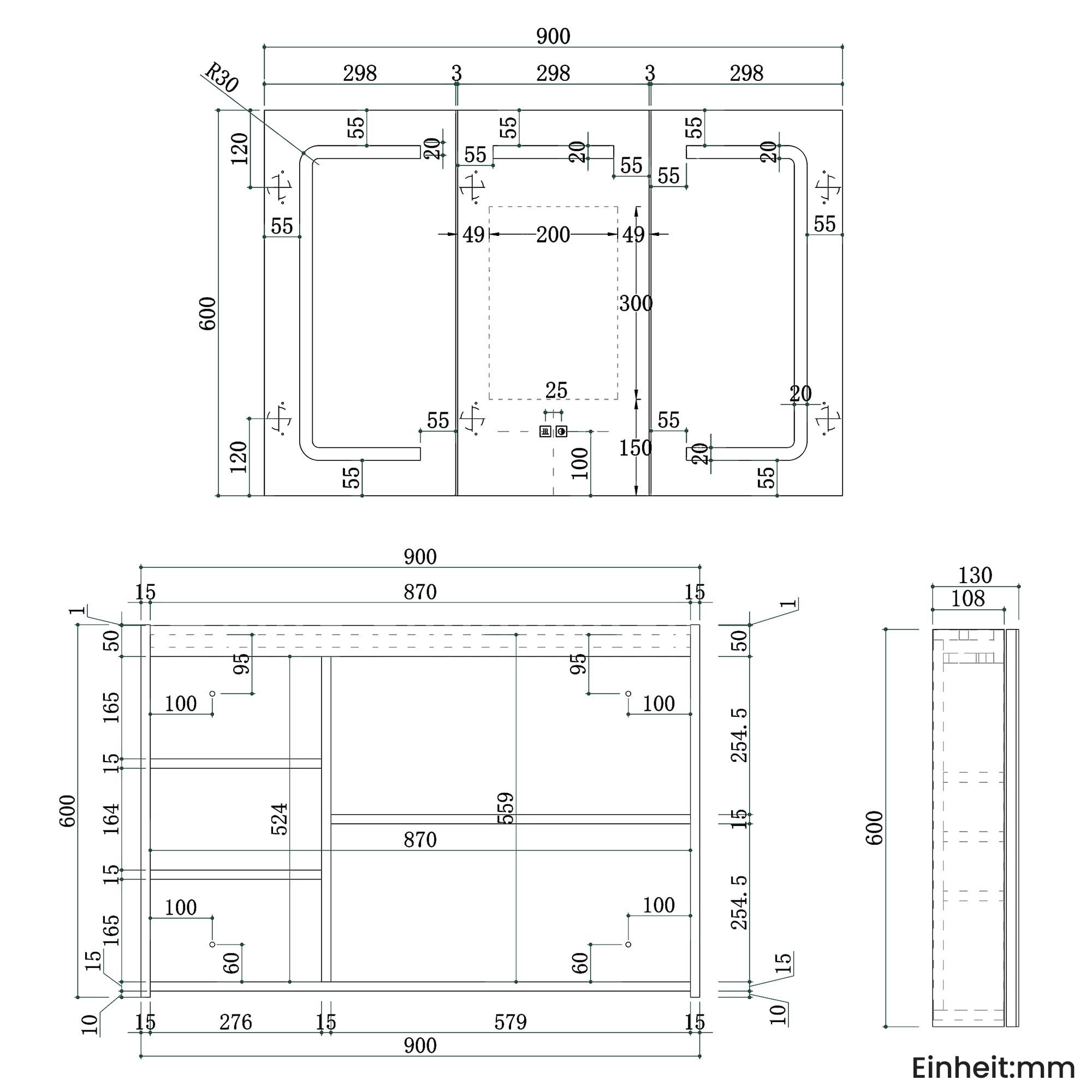 SONNI Szafka z lustrem LED, 90 x 60 cm, 3 drzwi, szafka łazienkowa z lustrem, w pełni zmontowana, gniazdko elektryczne i ochrona przed zaparowaniem, przyciemniane światło otoczenia