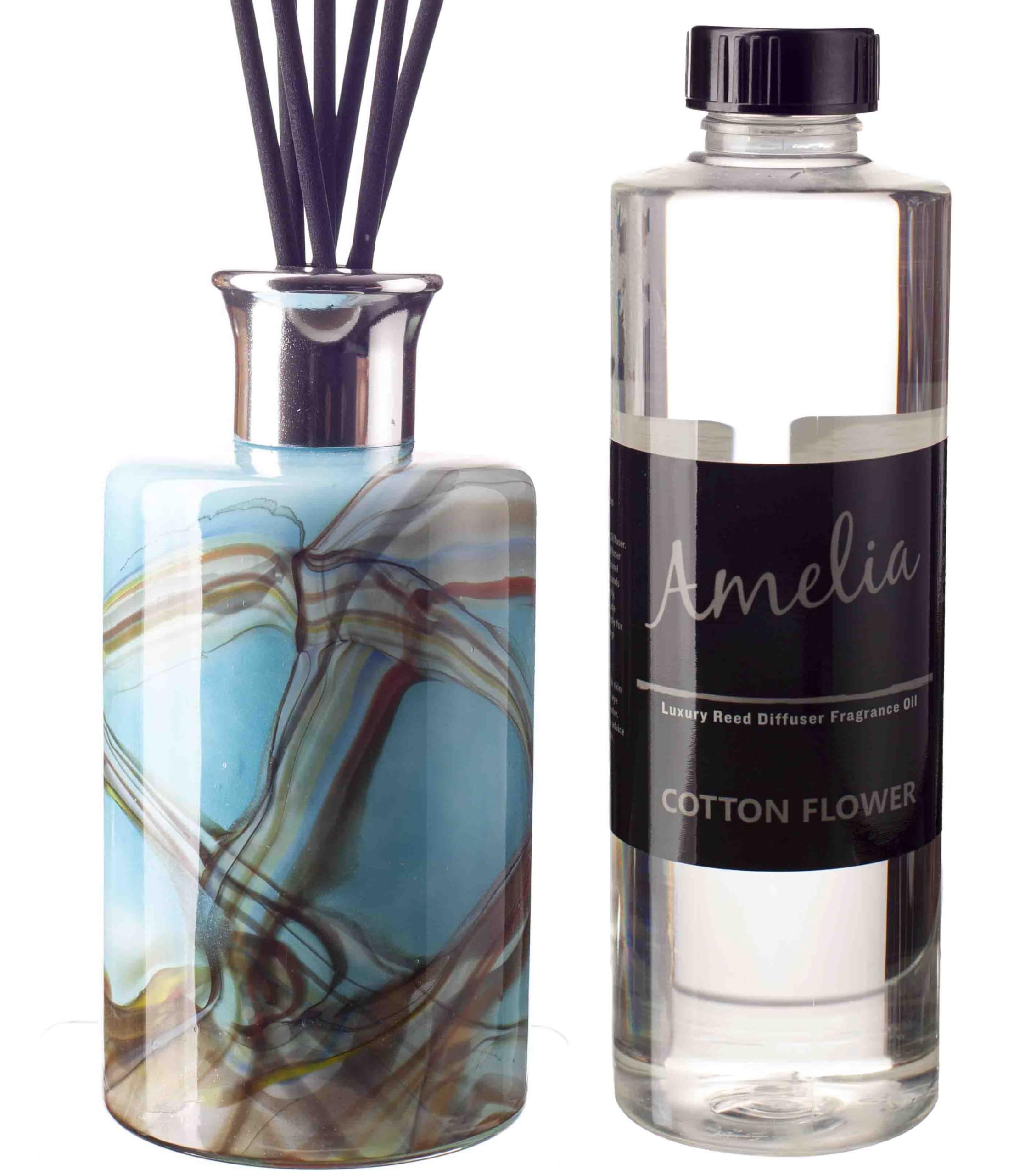 Tall Glass Cylinder Reed Diffuser Gift Set in Blue Multicoloured (Oceanic) with Cotton Flower Fragrance