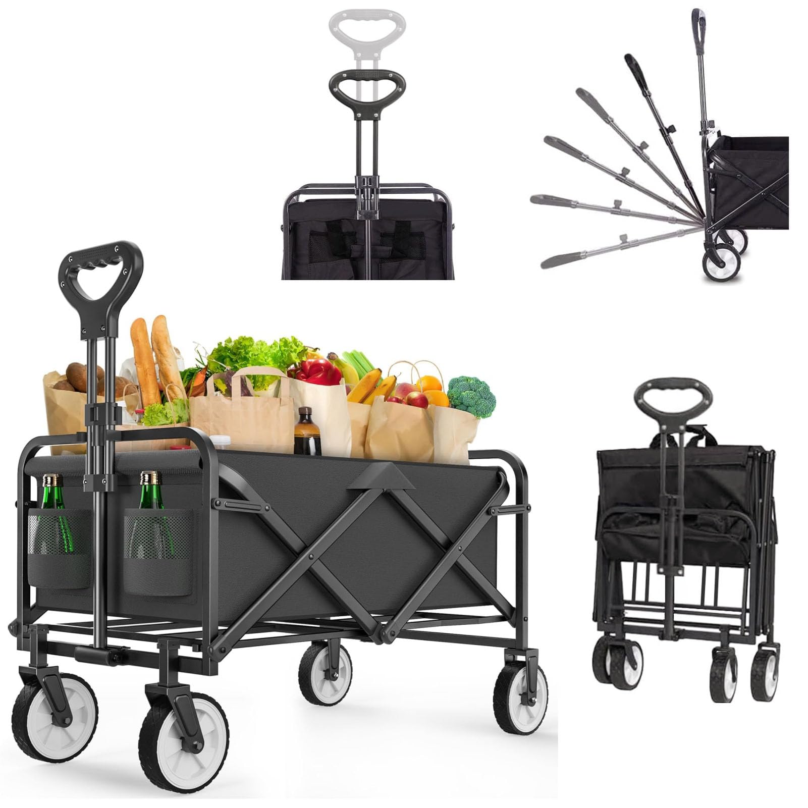 YHOME Collapsible Wagon,Utility Wagons Carts, Portable Folding Wagon with Two Drink Holders,Adjustable Rolling Carts,for Outdoor Garden Cart for Beach,Sports,Shopping,Camping (Black)