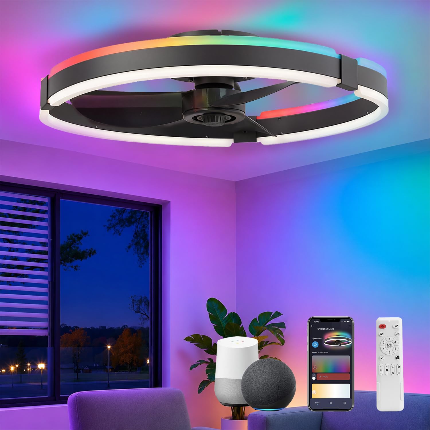 MoraRise Smart Ceiling Fan with Lights, 51cm RGB LED Quiet Ceiling Fan