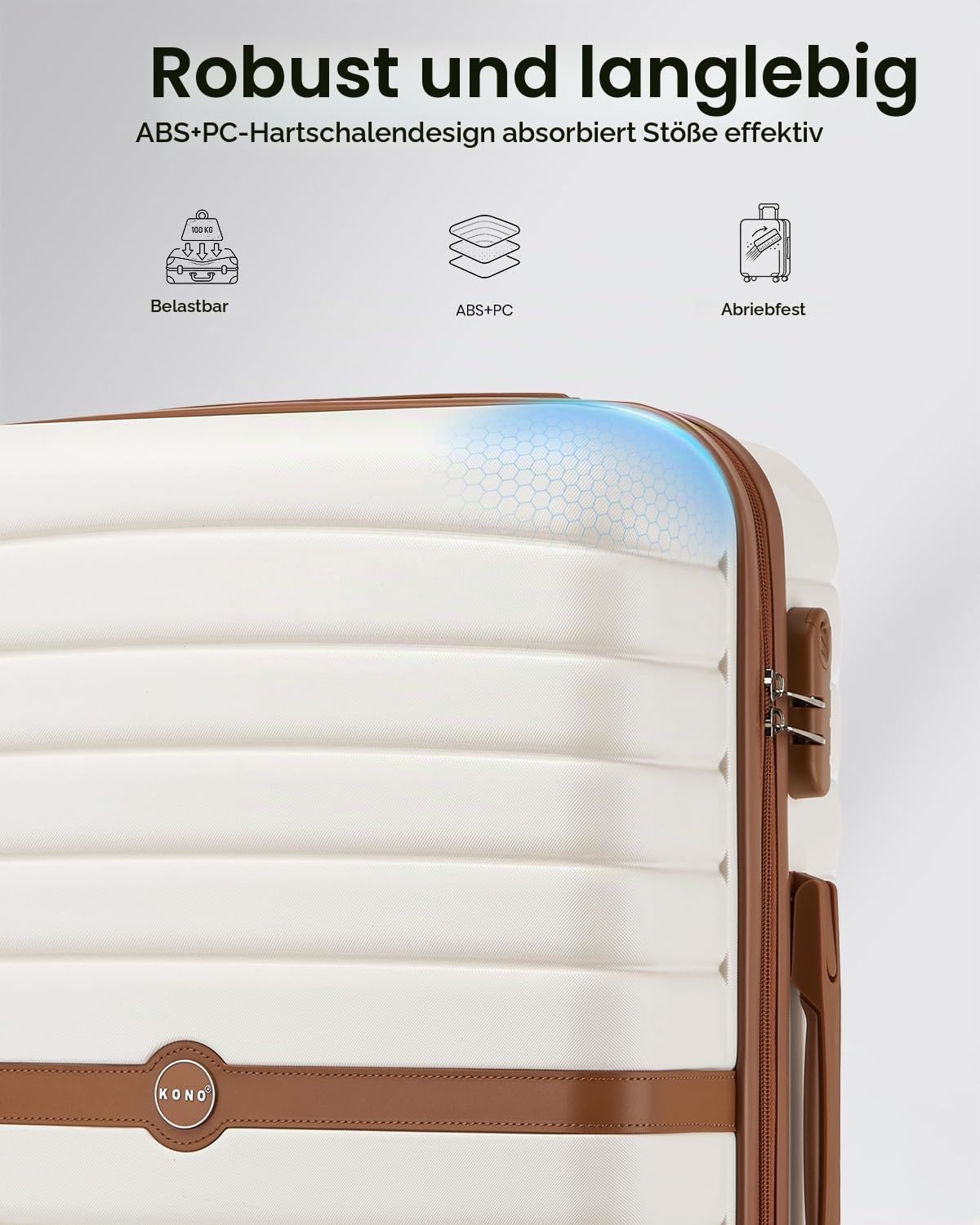 KONO Handgepäck Koffer 55x40x20 cm, Hartschalenkoffer aus ABS+PC, Leichter Reisekoffer mit 4 Rollen, Zahlenschloss und Teleskopgriff für Flugreisen (Creme/Braun)