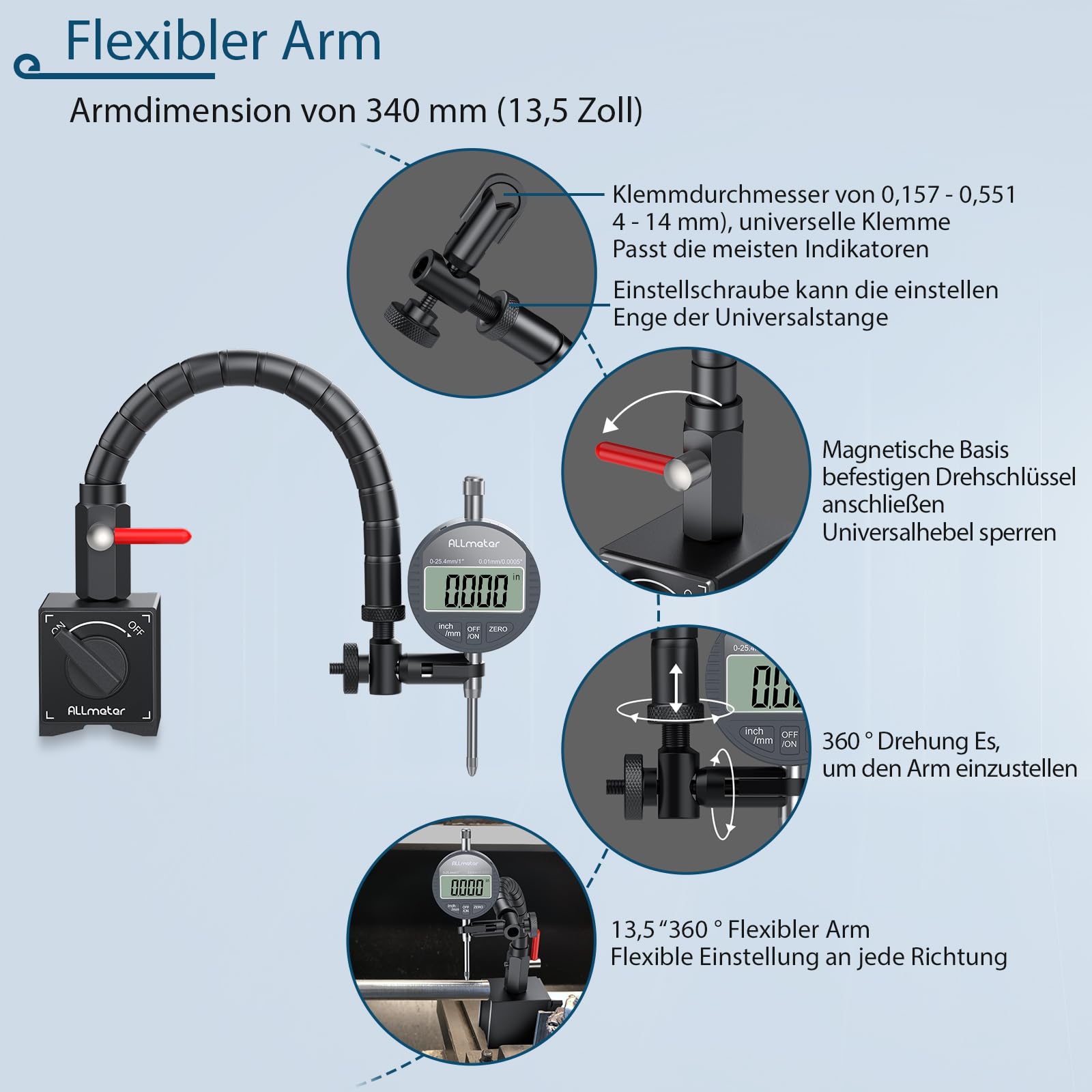 Digitaler Messuhr Satz mit centerlock werkzeug, Schlangenarm-Magnetfuß, 0–25,4 mm / 0–1 Zoll, LCD Anzeige, mm/in Umschaltung, Präzisions Messsystem für Werkstatt & Maschinenbau