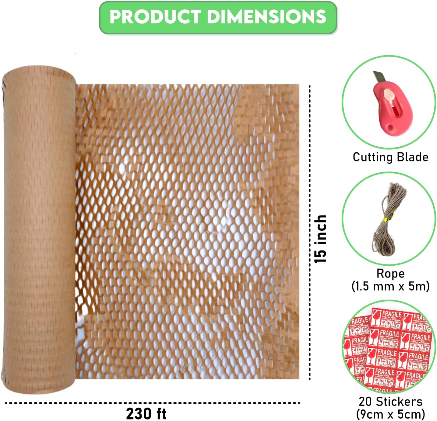 Honeycomb Packing Paper for Moving 15" x 230', 80GSM Eco Friendly Honeycomb Paper with 20 Fragile Stickers, 16 ft. Jute Twine and Cutter, Alternative to Bubble Cushioning Wrap for Shipping Packaging