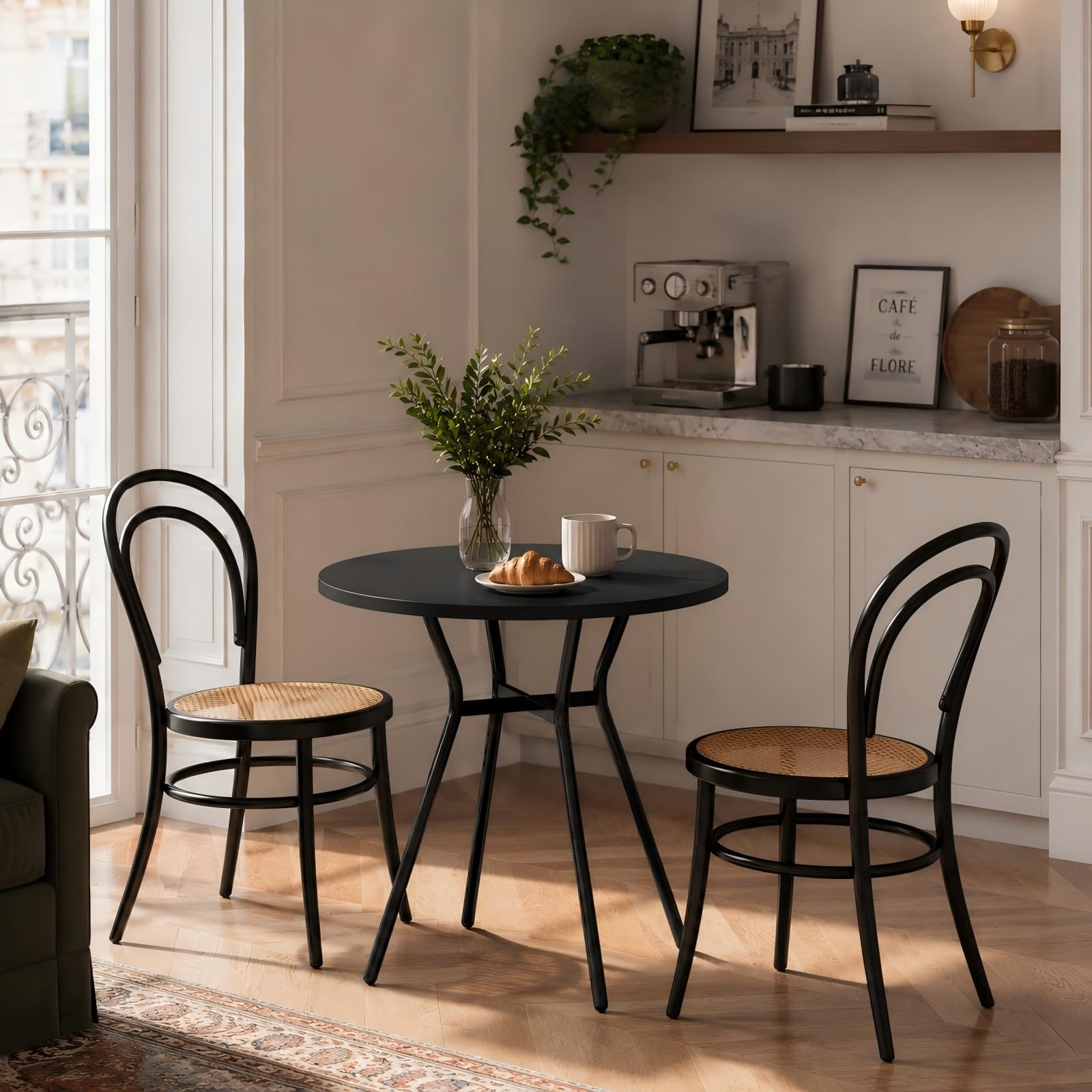 JIJIAN Runder Esstisch für 2-4 Personen, Kleiner Küchentisch 80 x 80 x 75 cm, Metallbeine, ideal für kleine Wohnungen, Küche, Esszimmer, Balkone und Gärten, Schwarz