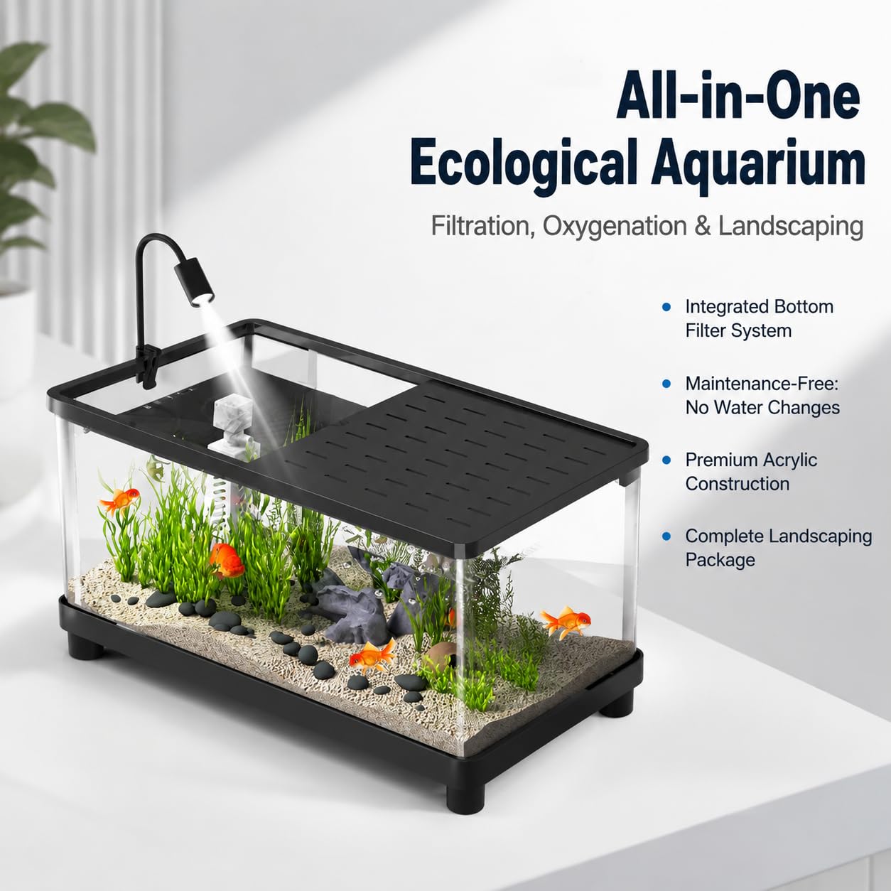 Acquario Completo per Pesci, Kit Acquario Acrilico con Pompa di Aerazione e Filtro, Vasca per Pesci con Decorazioni per Casa e Ufficio