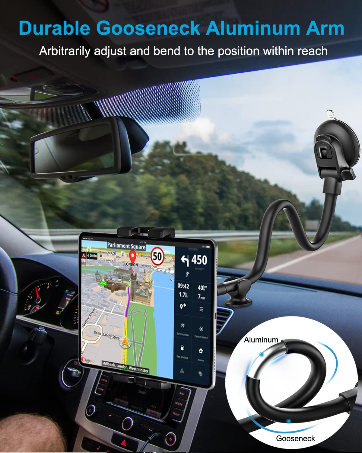 Supporto per tablet da auto, per parabrezza, con forte ventosa, a collo di cigno