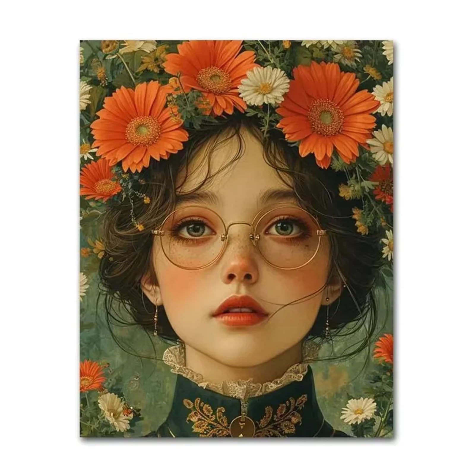 Xenite I Wall Art Canvas Prints Beautiful Woman With Glasses Flower Posters And Prints On The Canvas Prints Modern Art Woman Wall Paintings Room Decor(,50X70cm)