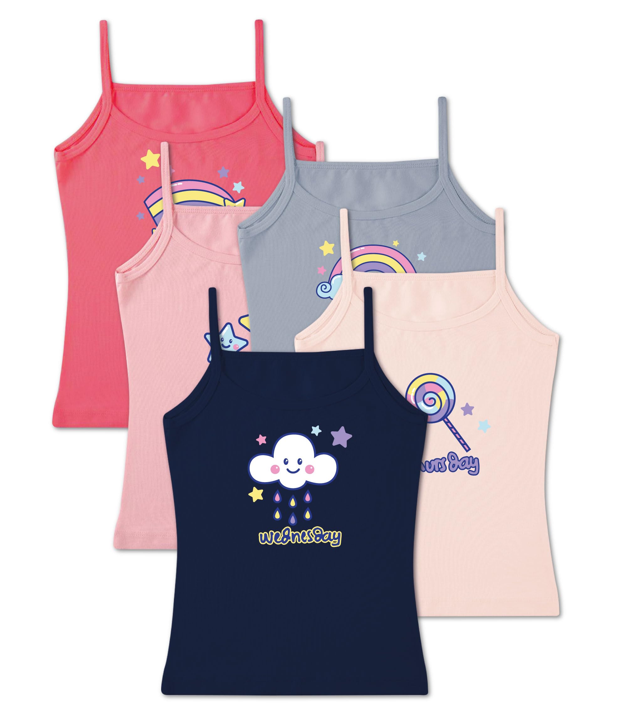 Camiseta sin Etiqueta para niñas de 2 a 11 años, con Cuello Redondo, algodón con Ribete y Correa (Paquete de 5)