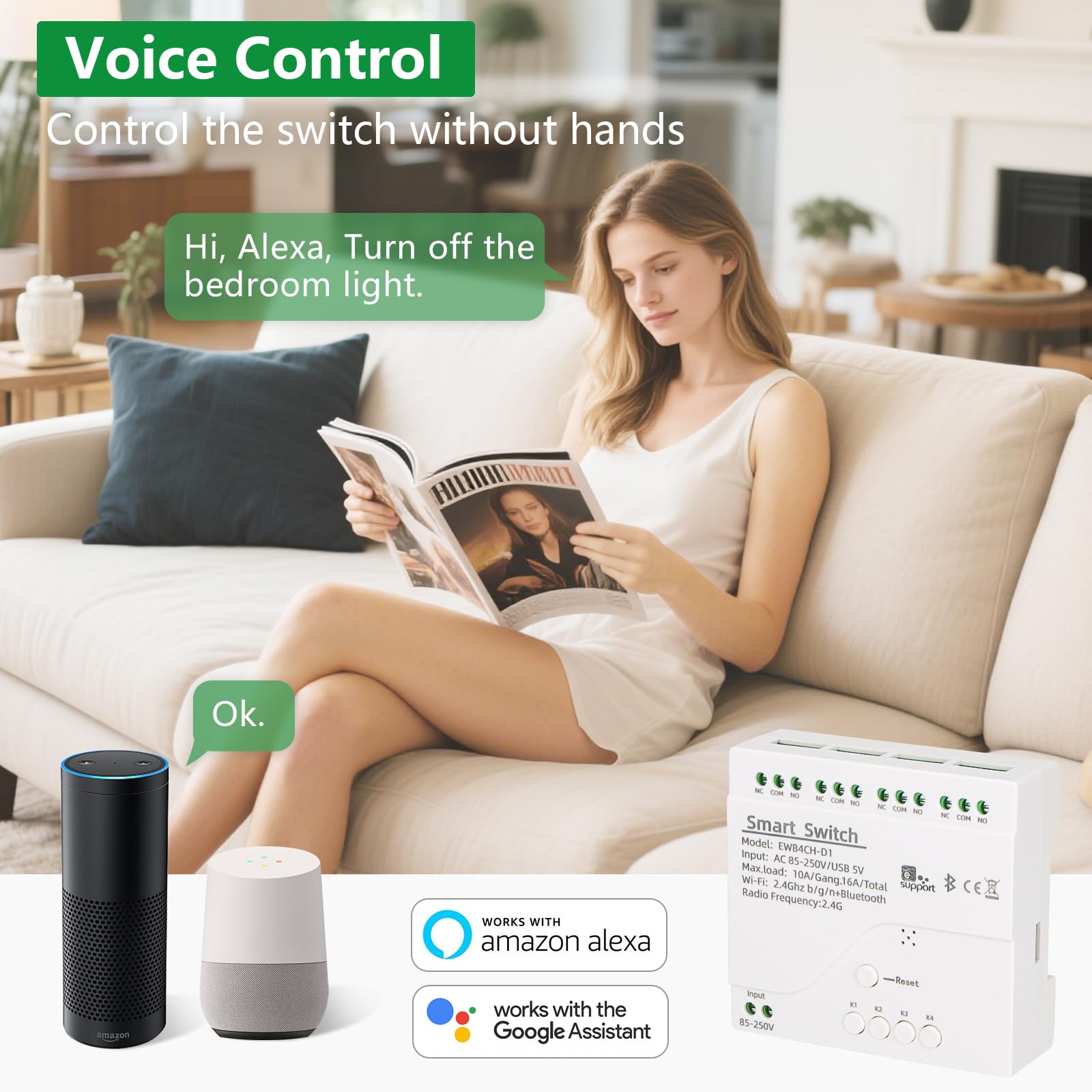 Wengart Interruptor de relé WiFi inteligente AC 85-250 V 10 A, módulo de relé de 4 canales de contacto seco, 2,4 GHz, aplicación Ewelink, funciona con Alexa Google Home, admite tres modos de control
