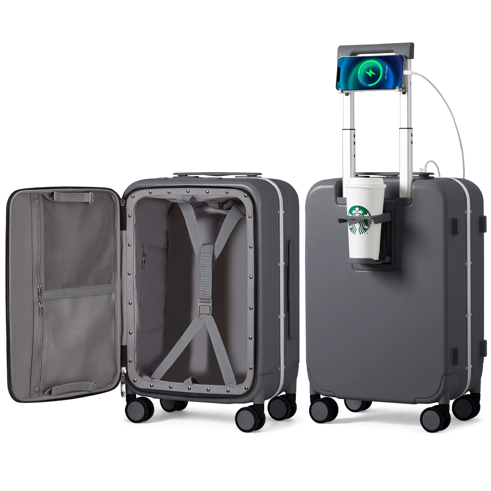Photo 1 of mixi Carry On Luggage with Cup Phone Holder and Charger Hard Shell Suitcases with Spinner Wheels,20 Inch Rock Gray