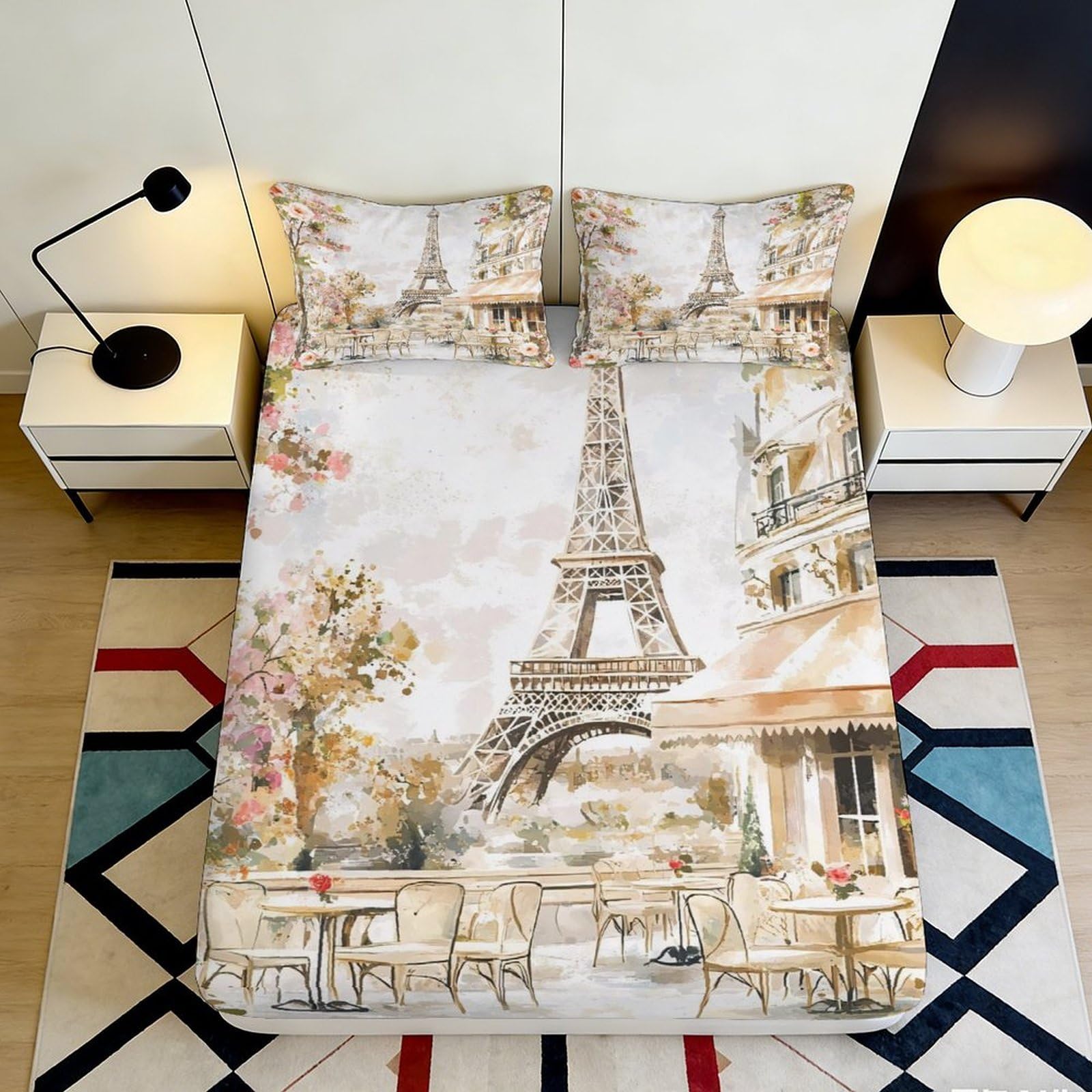 3D Printed Eiffel Tower Paris View Fitted Sheet Microfiber Soft Bed Cover for Bedroom Guest Room Decor Dustproof 90x200x25cm