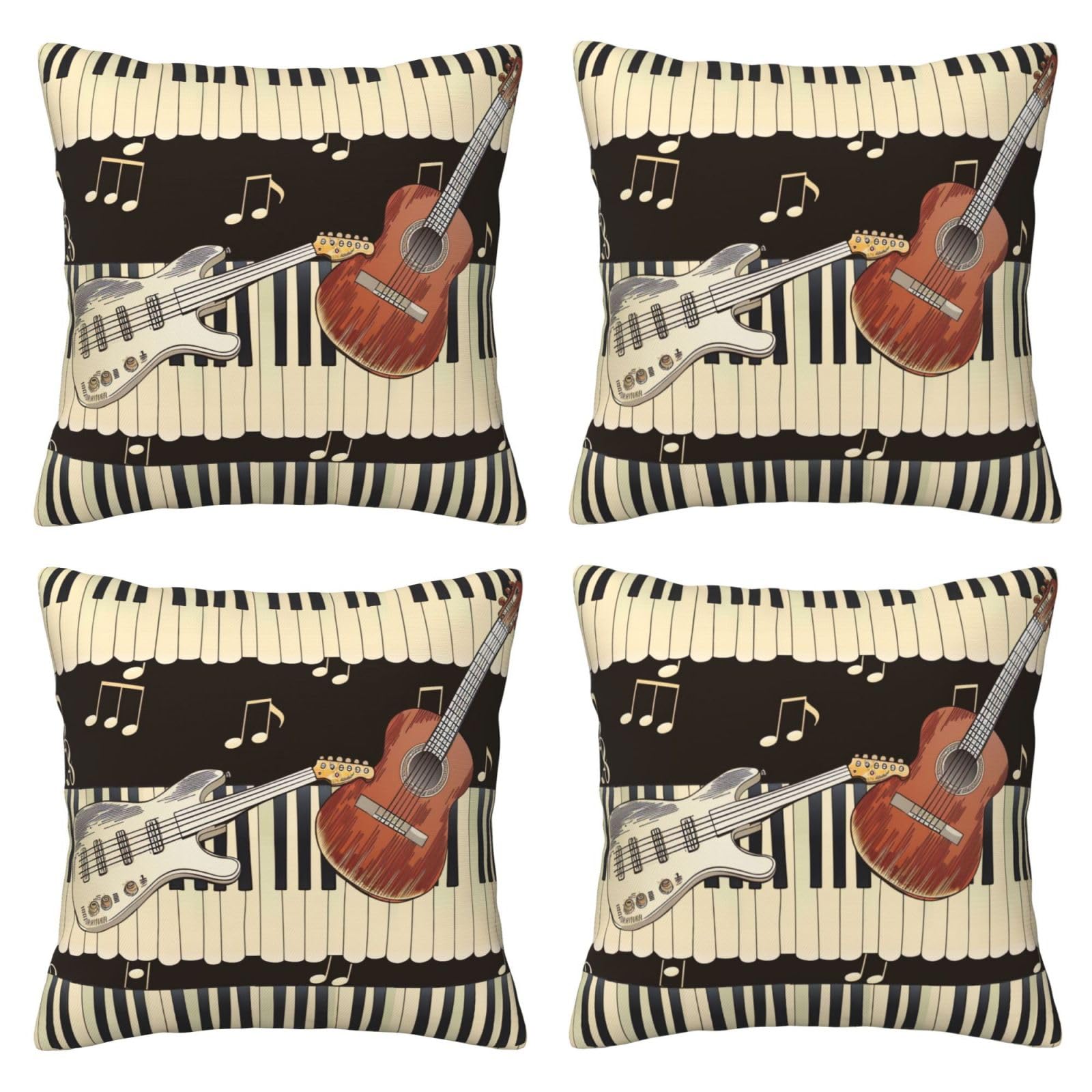 Guitar Piano Pattern Throw Pillow Cases 4 Pack Square Pillowcases Super Soft Pillow Protectors With Zipper for Couch Livingroom Sofa Bed Office Car,45x45 CM