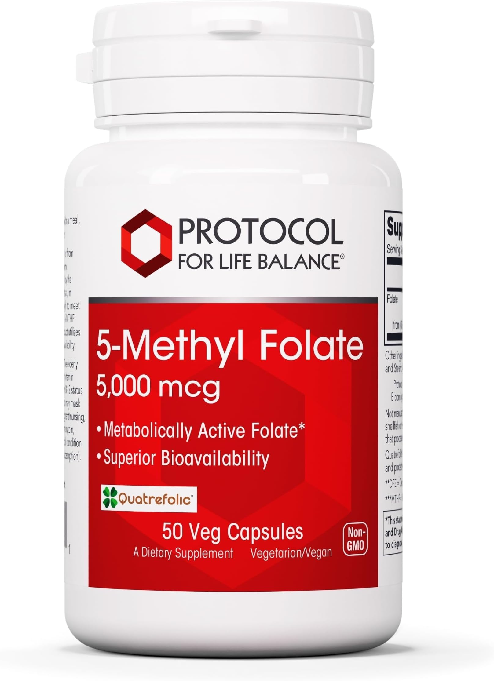 PROTOCOL FOR LIFE BALANCE - 5-Methyl Folate 5000 mcg - Metabolically Active Folic Acid 5-MTHF - Supports Brain, Heart, Nerve Health, Helps Improve Immune System, Healthy Pregnancy - 50 Veg Capsules