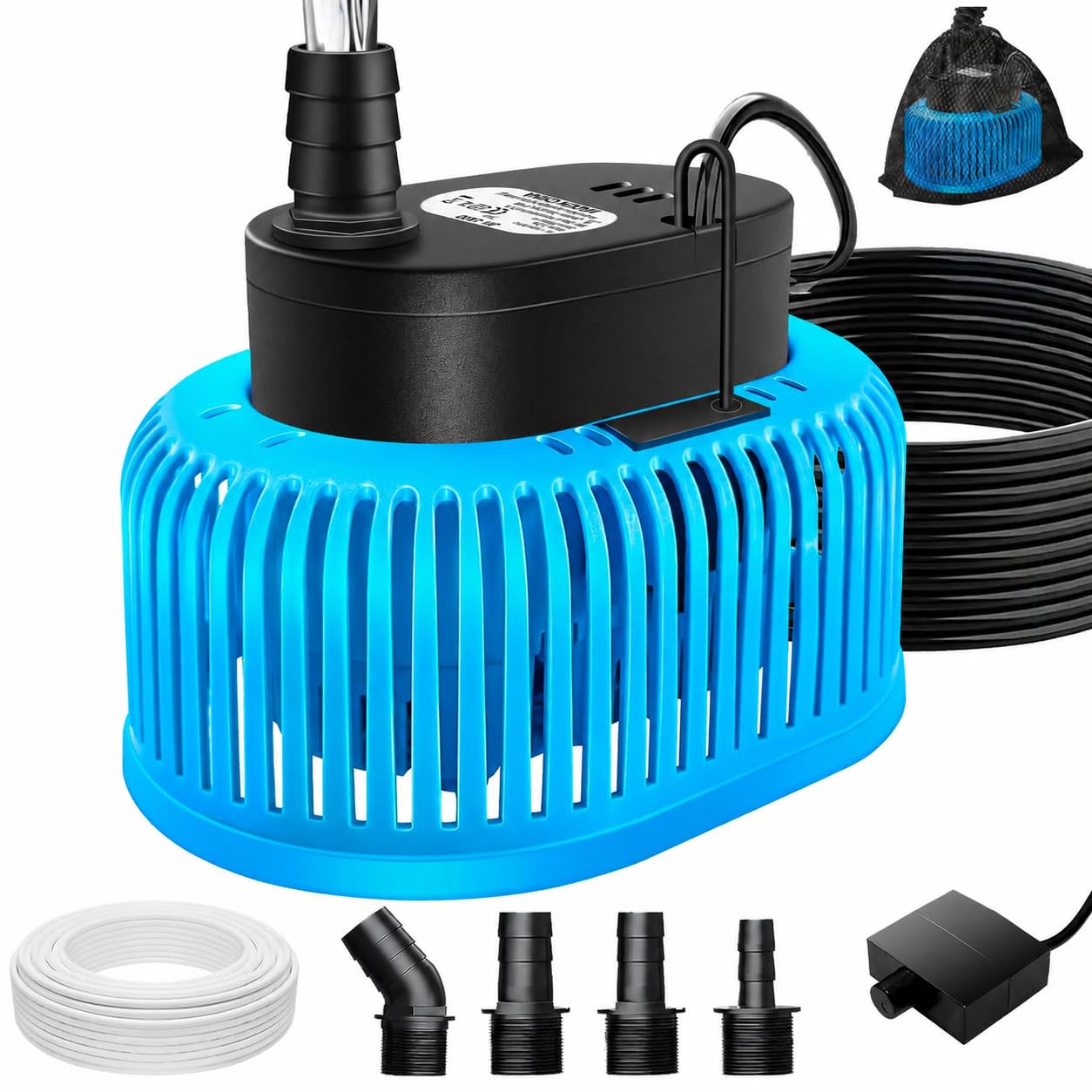 Pompe submersible, pompe submersible eau sale pompe à eau de pluie 75 W, capteur de niveau d'eau automatique, drainage pour piscine hors sol, 4 adaptateurs, tuyau de 4,9 m, câble de 7,6 m, max 3218 l
