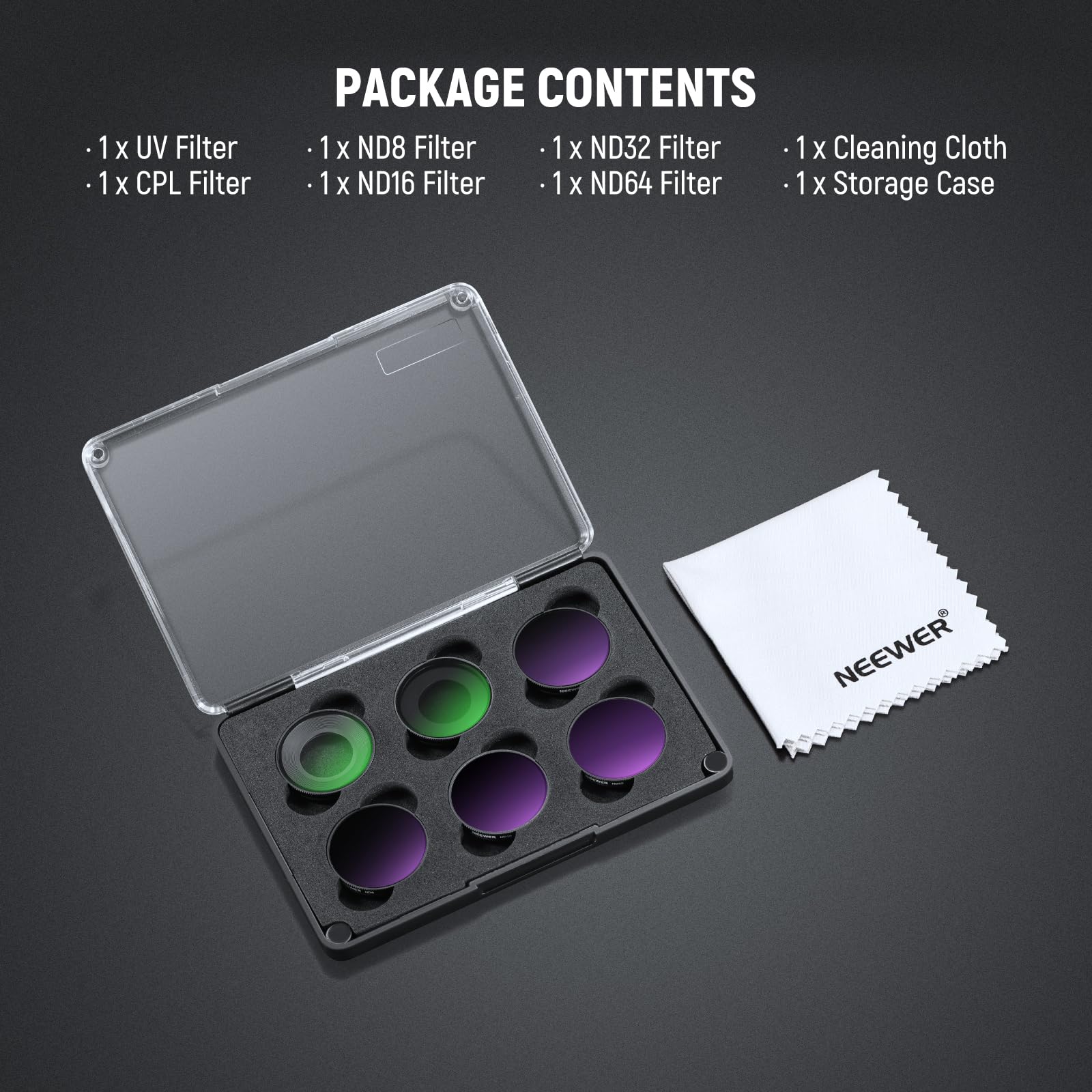 NEEWER Zestaw filtrów ND kompatybilny z Insta360 GO Ultra (UV/CPL/ND8/ND16/ND32/ND64), filtr obiektywu okrągłego polaryzator neutralna gęstość, szkło optyczne HD akcesoria do kamer akcji, FL-C53