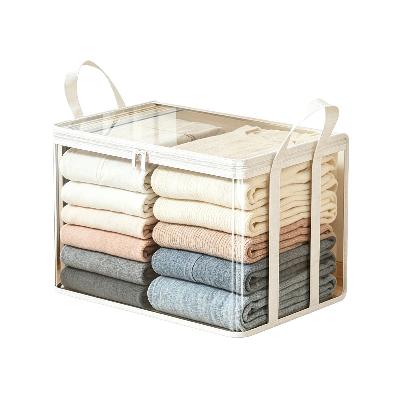 Large Heavy-Duty Clear Plastic Storage Bag for Clothes – Thick Durable Moving & Storage Organizer with Reinforced Handles, Foldable & Stackable for Home (White)