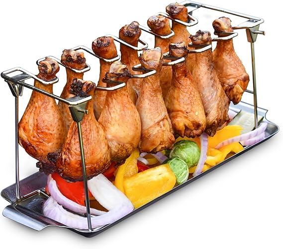 Chicken Leg Rack for Grill with Drip Tray Easy to Use 12 Slots Chicken Wing Rack