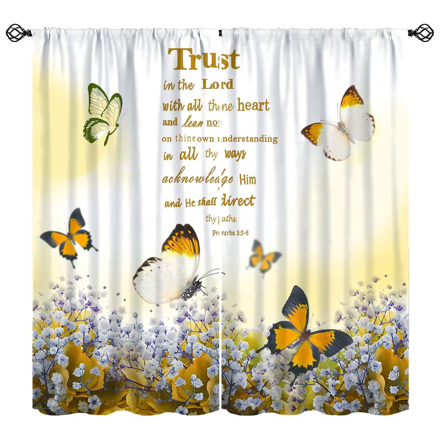 Moderw Bible Christian Scripture Curtain Yellow Flower Butterfly Seasonal Botanical Floral Window Treatments Verse Quotes Motivational Positive Inspirational Drapes for Bedroom Living Room W42xL54in