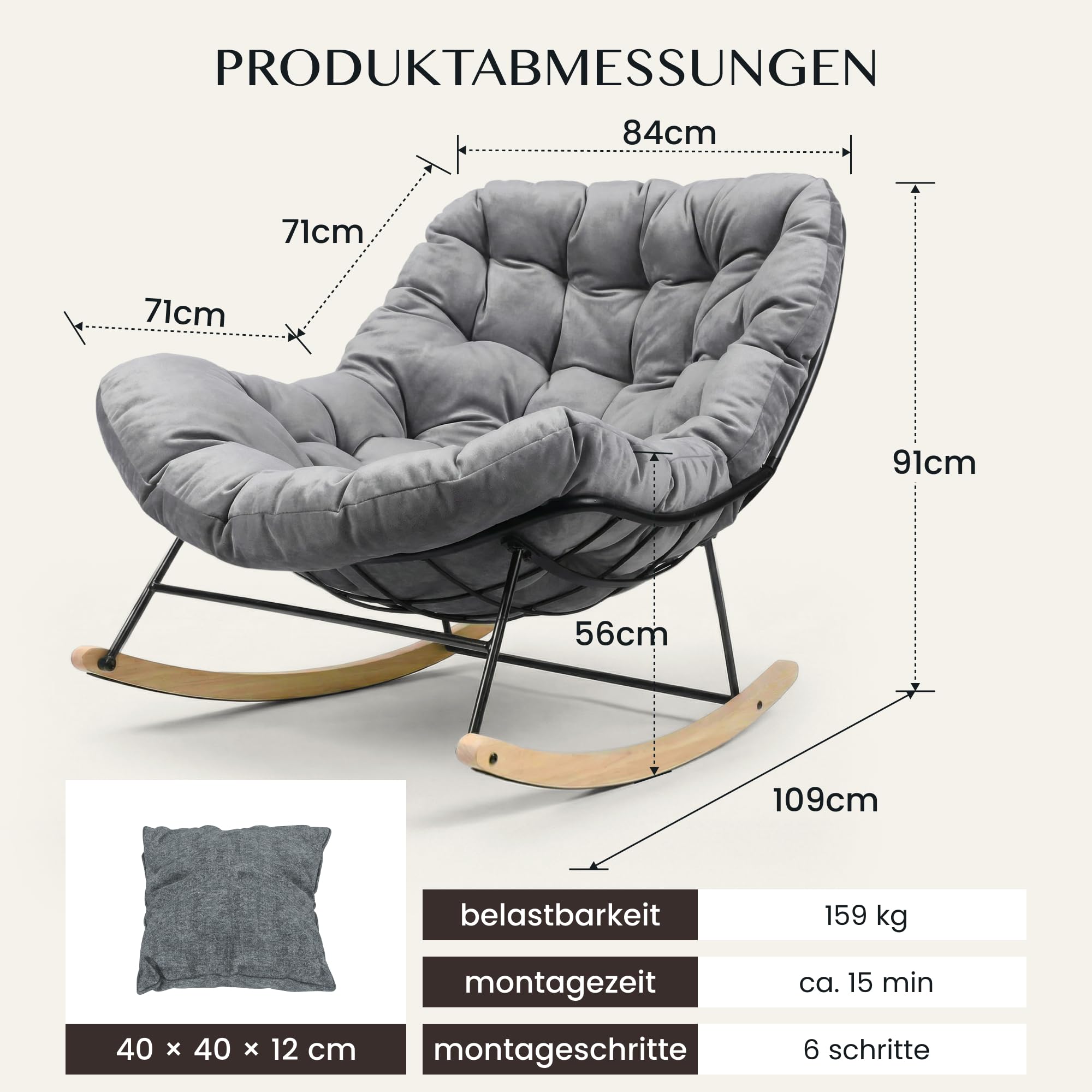 FLEXISPOT Schaukelstuhl Garten, Schwingsessel mit Kopfkissen, wasserfester Bezug, gepolsterter Relaxstuhl bis 159 kg, für Wohnzimmer, Schlafzimmer, Balkon, Grau