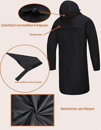 NORDIC OUTLAND Rain Jacket Men Waterproof Breathable Long Raincoat Hooded Mesh Lining Windbreaker for Outdoor Activities