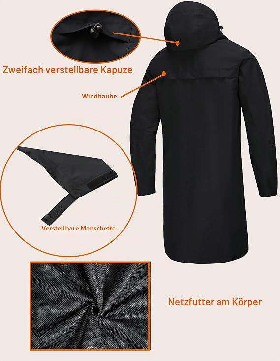 NORDIC OUTLAND Rain Jacket Men Waterproof Breathable Long Raincoat Hooded Mesh Lining Windbreaker for Outdoor Activities