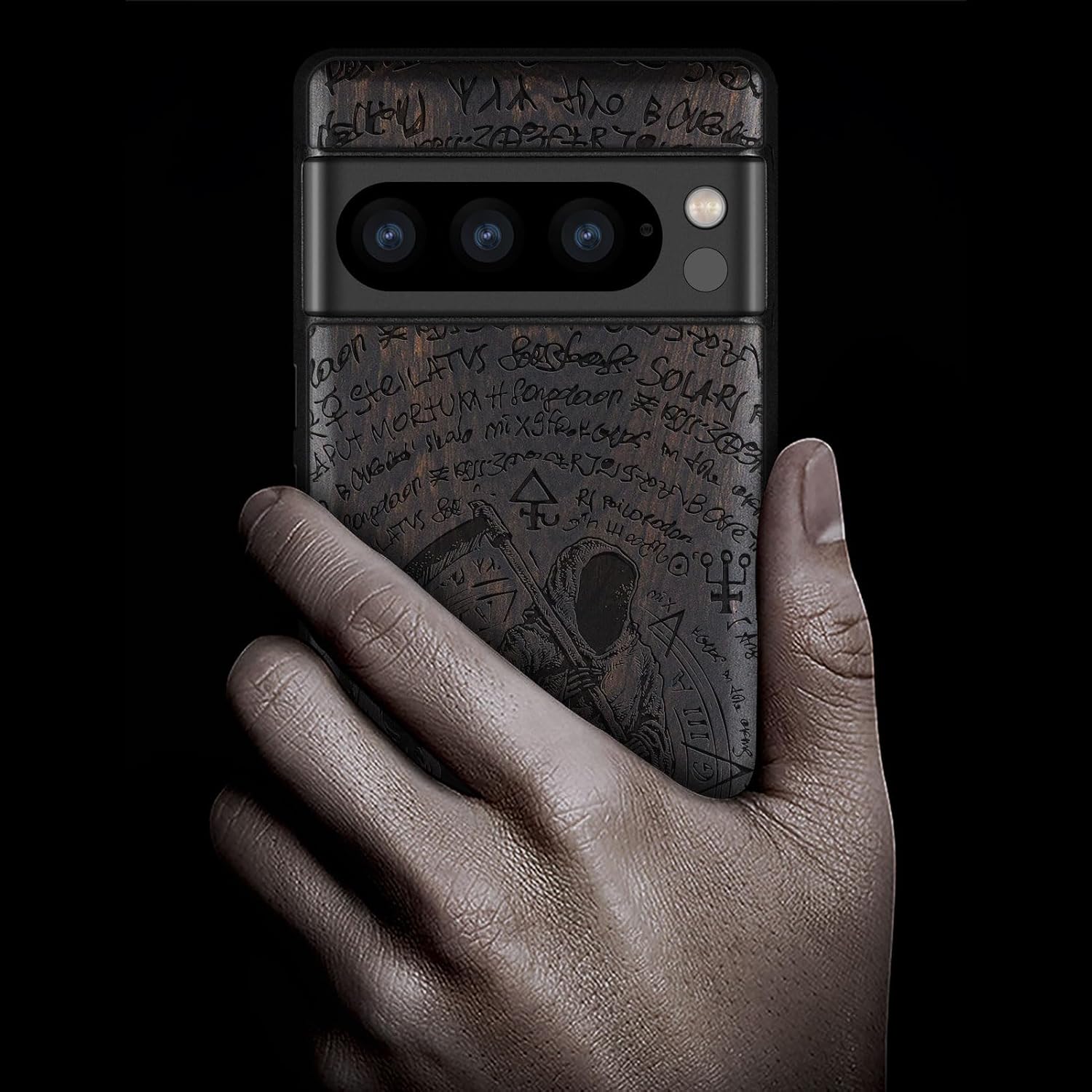 Carveit Wood Case for Pixel 8 Pro Case [Natural Wood & Black Soft TPU] Shockproof Protective Unique Wooden Cover Compatible with Google Pixel 8 Pro (Grim Reaper -Full-Blackwood)