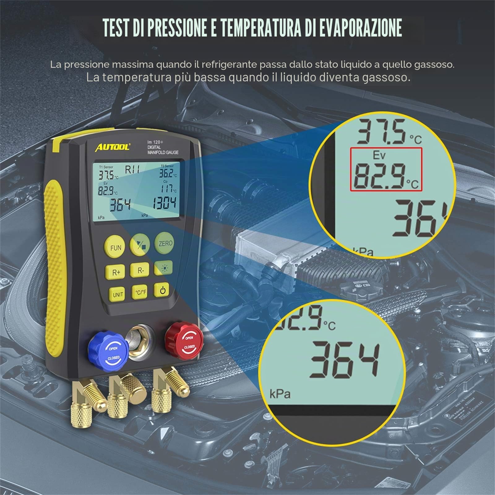 Refrigerazione Digital Collettore Gauge Meter HVAC Vacuum Pressure Tester Kit con clip di prova e tubo per la manutenzione del condizionatore d'aria, frigorifero (LM120+)
