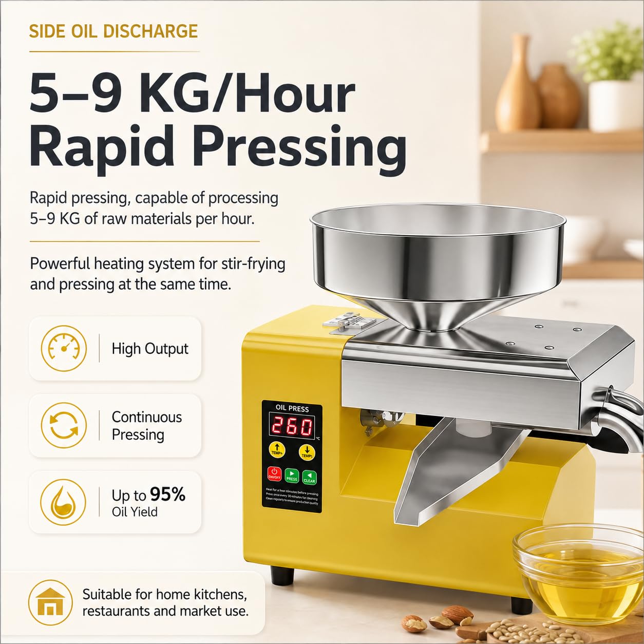 Ölpresse für Kalt- und Heißpressung von Erdnüssen und Samen | bis zu 95% Ausbeute, 5–9 kg/h, 1100W Leistung, digitale Temperaturwahl, getrennte Ausgänge für Öl und Pressreste
