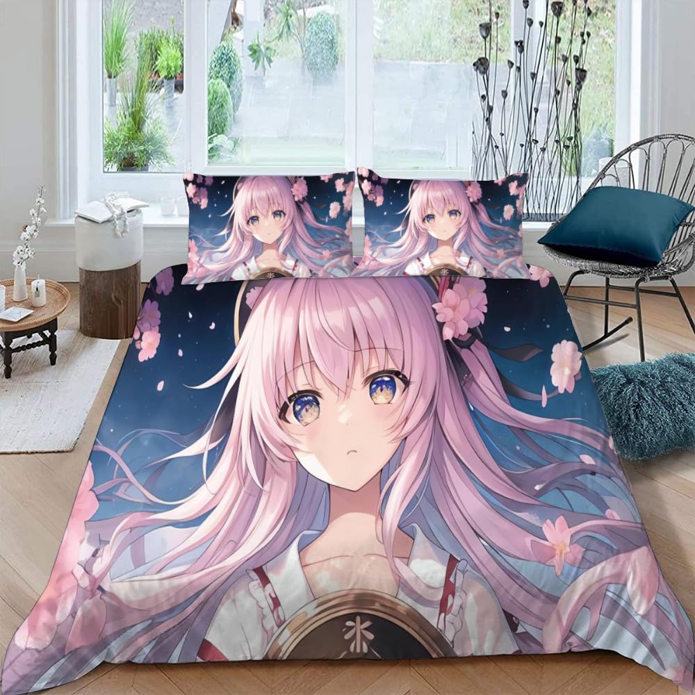 Housse de couette Manga Fille 220x240 DILANI avec 2 taies d'oreiller pour lit 2 personnes