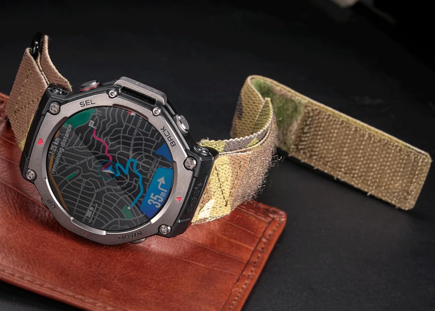 HEMSUT Watch Bands Compatible with Amazfit T-Rex 3 and T-Rex 3 Pro (48mm), Wide Hoop and Loop Rugged Sports Strap, Military Camo Black/Green, Soft Suede Leather Brown/Gray