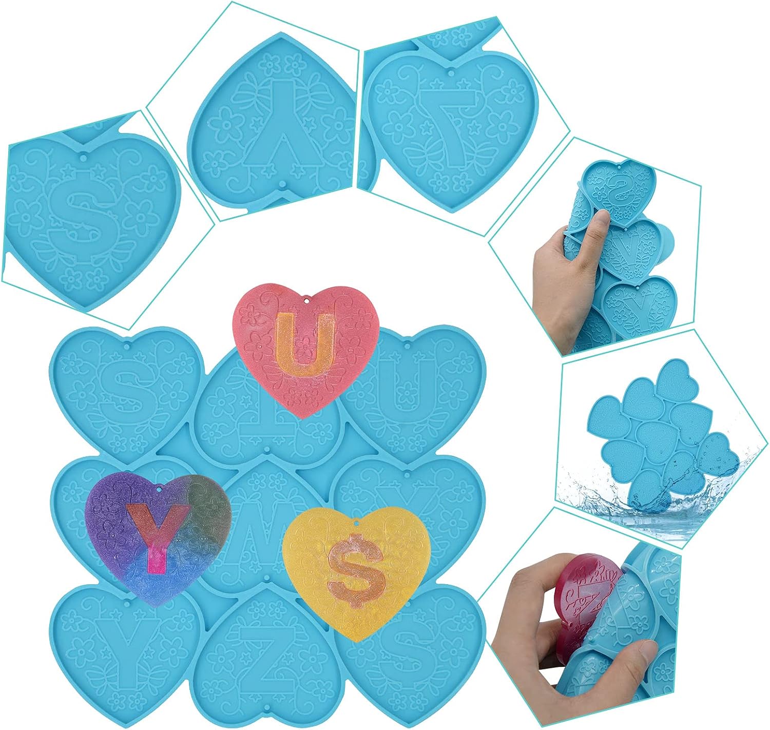 Resin Letter Keychain Mold, Epoxy Alphabet Silicone Molds, 26 Letters Mold and 1-9 Number Mold Heart Shape Epoxy Keychain Molds with 40 PCS Keyrings, Silicone molds for Resin Casting, Fridge Stick