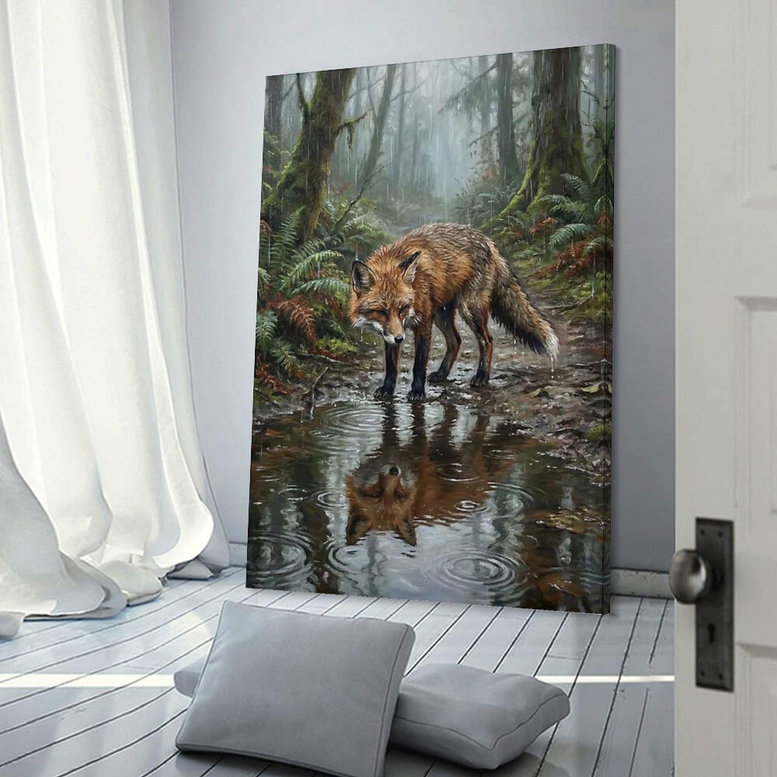 Junmoney Fox in A Rainy Forest Wall Art Print, 12x18inch(30x45cm), for Entryway, Lounge Links Or Small Walls, Decorative Wall Art for Narrow Spaces