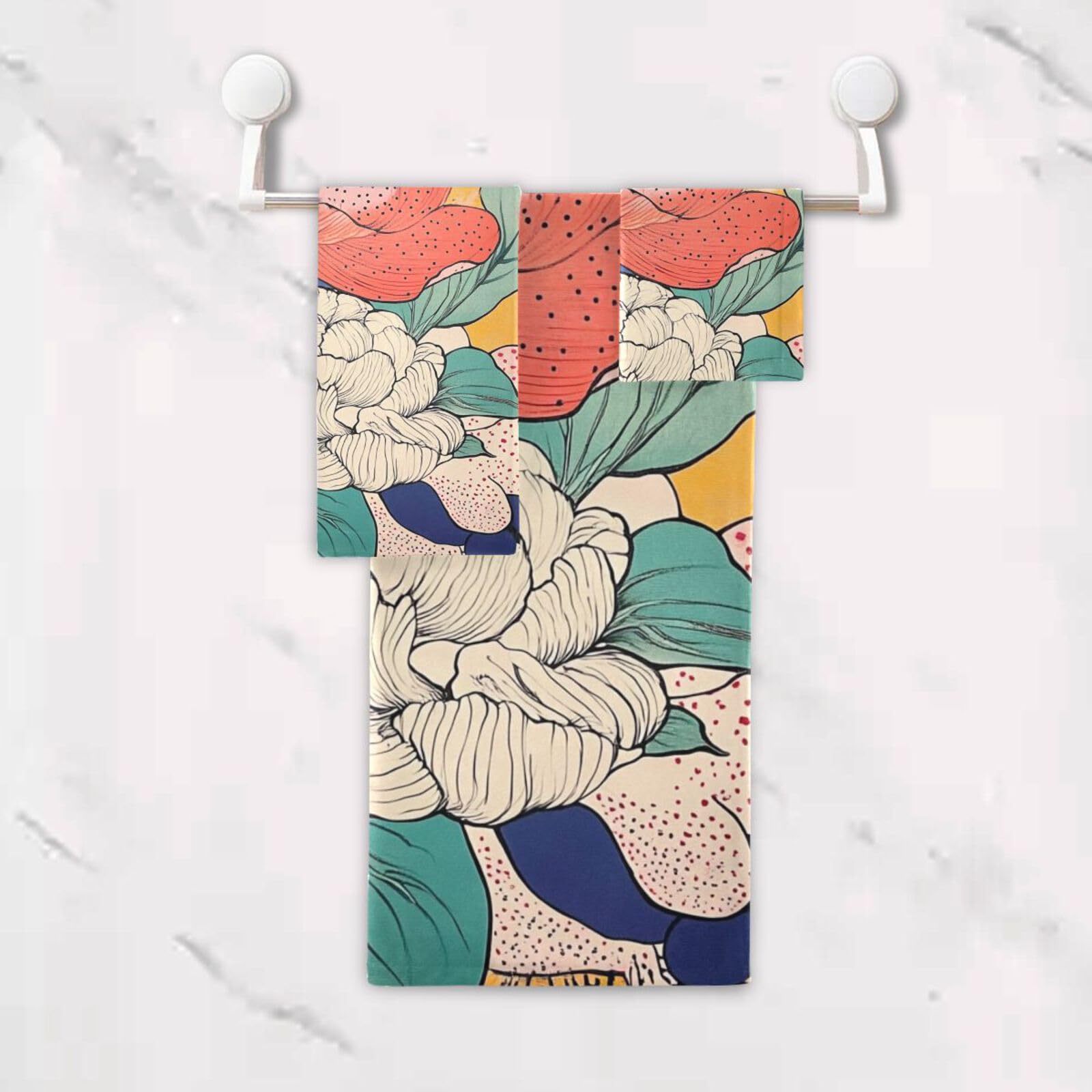 Set di 3 asciugamani colorati con fiori di peonia, 1 asciugamano da bagno, 1 asciugamano per le mani, 1 panno per cucina, bagno, yoga, palestra