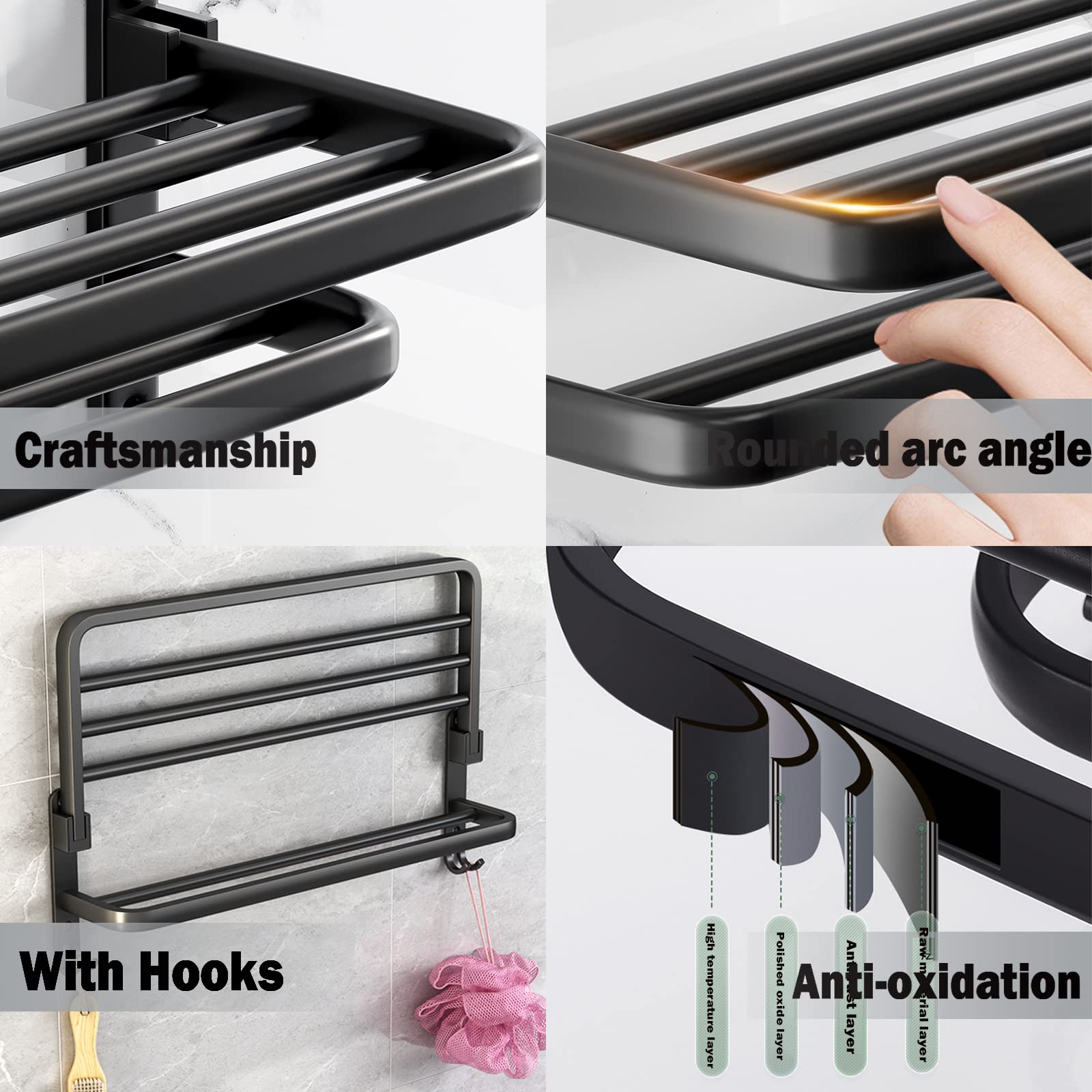 BOZWELL Portasciugamani da bagno con doppie barre per asciugamani con ganci, mensola per asciugamani da 61 cm con barra per asciugamani, porta asciugamani 1021-B-60 (nero opaco