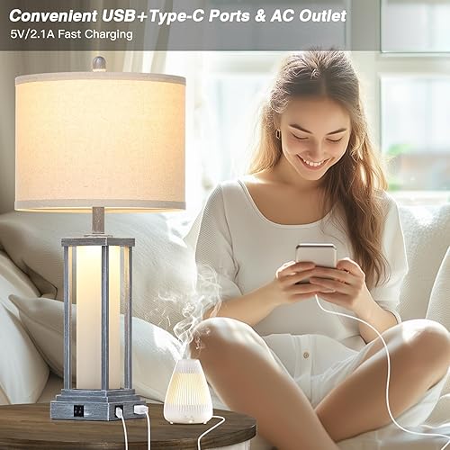 Miniatura 3 de 27" Tall Vintage Table Lamp Set of 2 with USB C+A & Outlet,Gray Nightstand Lamp for Living Room,Retro Bedside Lamps with Frosted Glass Night Light