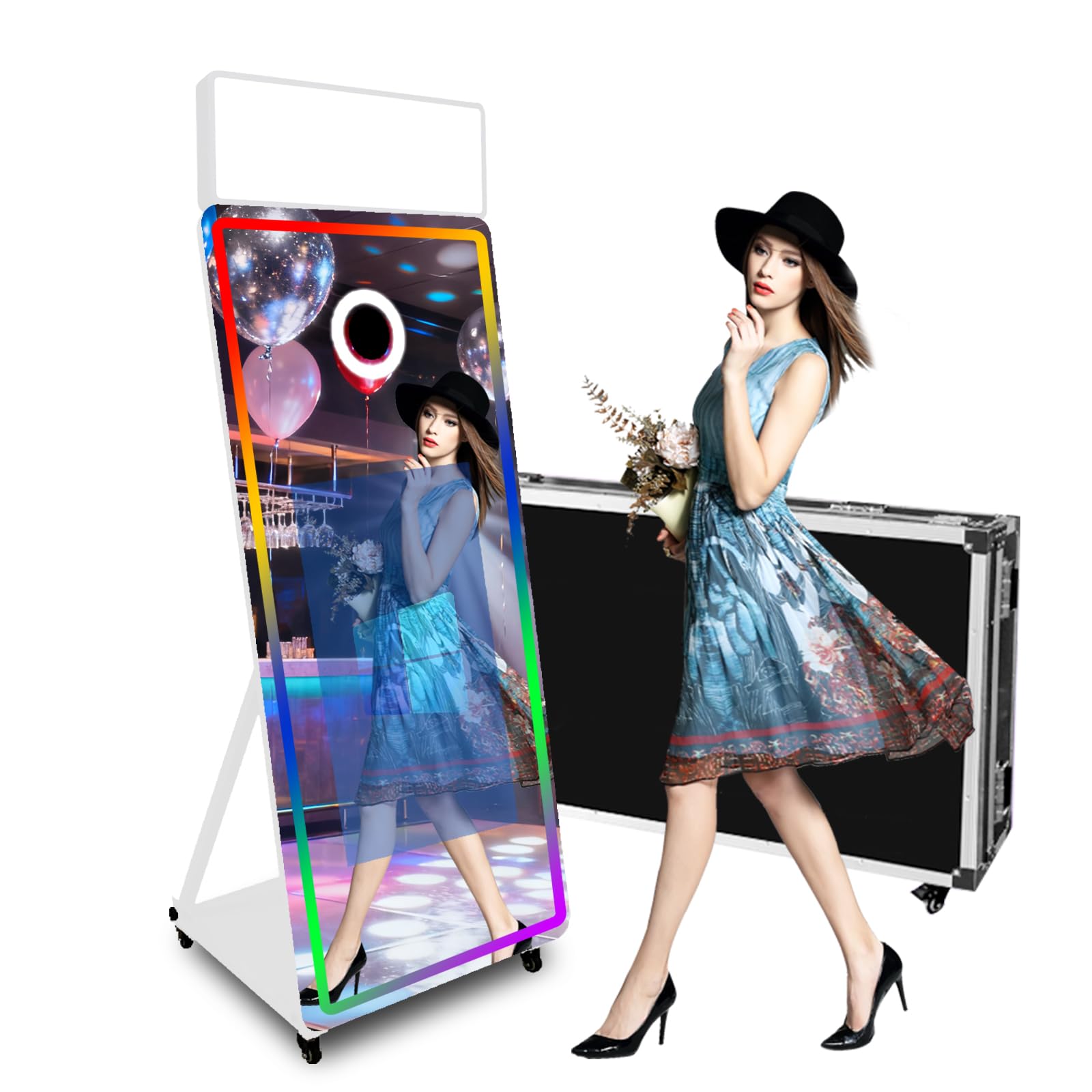 Magic Mirror Photo Booth Machine 165-81.3 cm fotobudka z ekranem dotykowym ze światłem RGB, drukowanie pomysłów i udostępnianie na imprezę (białe + kwadratowe światło, maszyna)