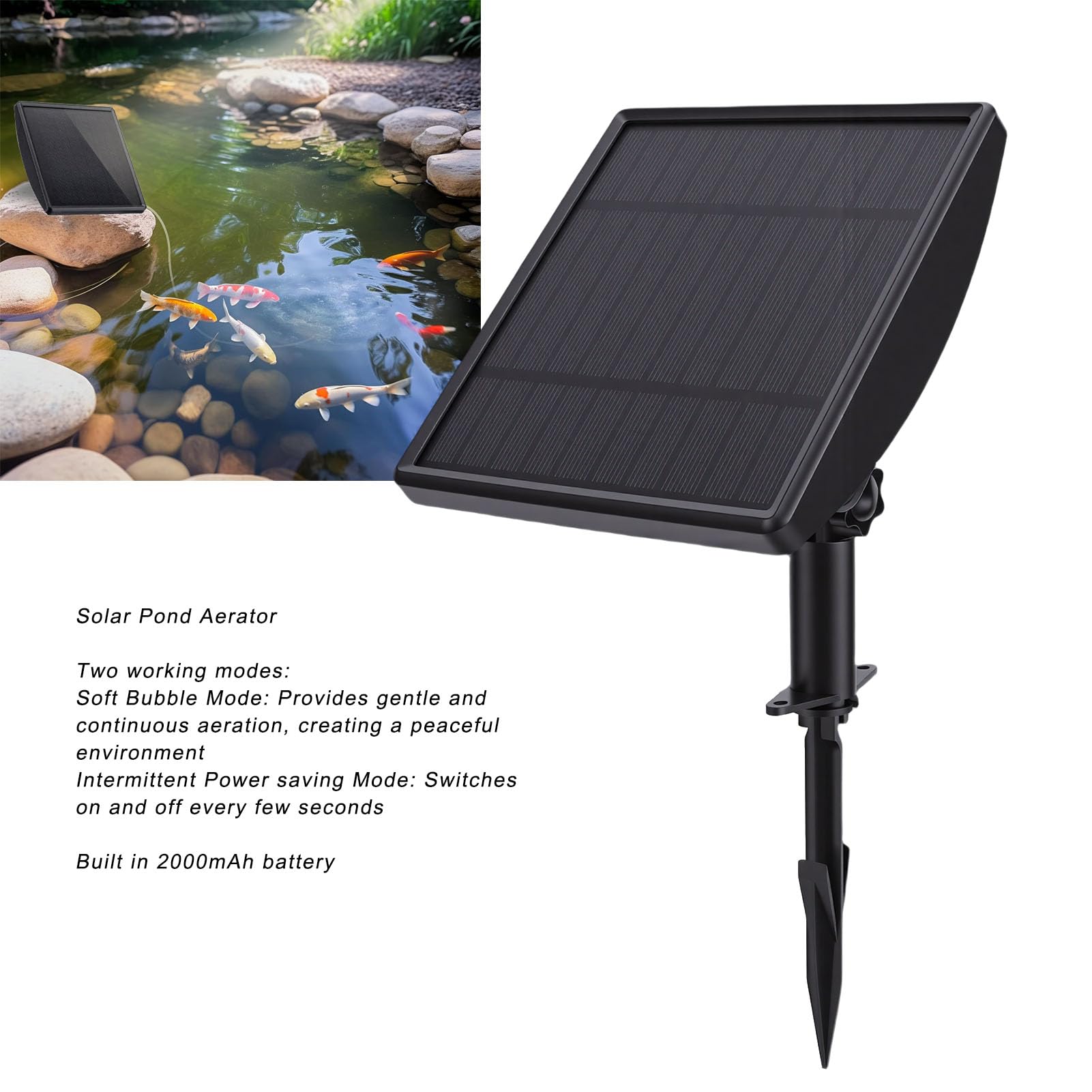 Luocute Solar-Teichbelüfter, 2000 MAh Batterie, Solar-Sauerstoffpumpe mit 2 Luftsteinen und 8,2 Fuß Langem Rohr für Aquarien, Hydrokultur, Kleiner Teich Im Freien