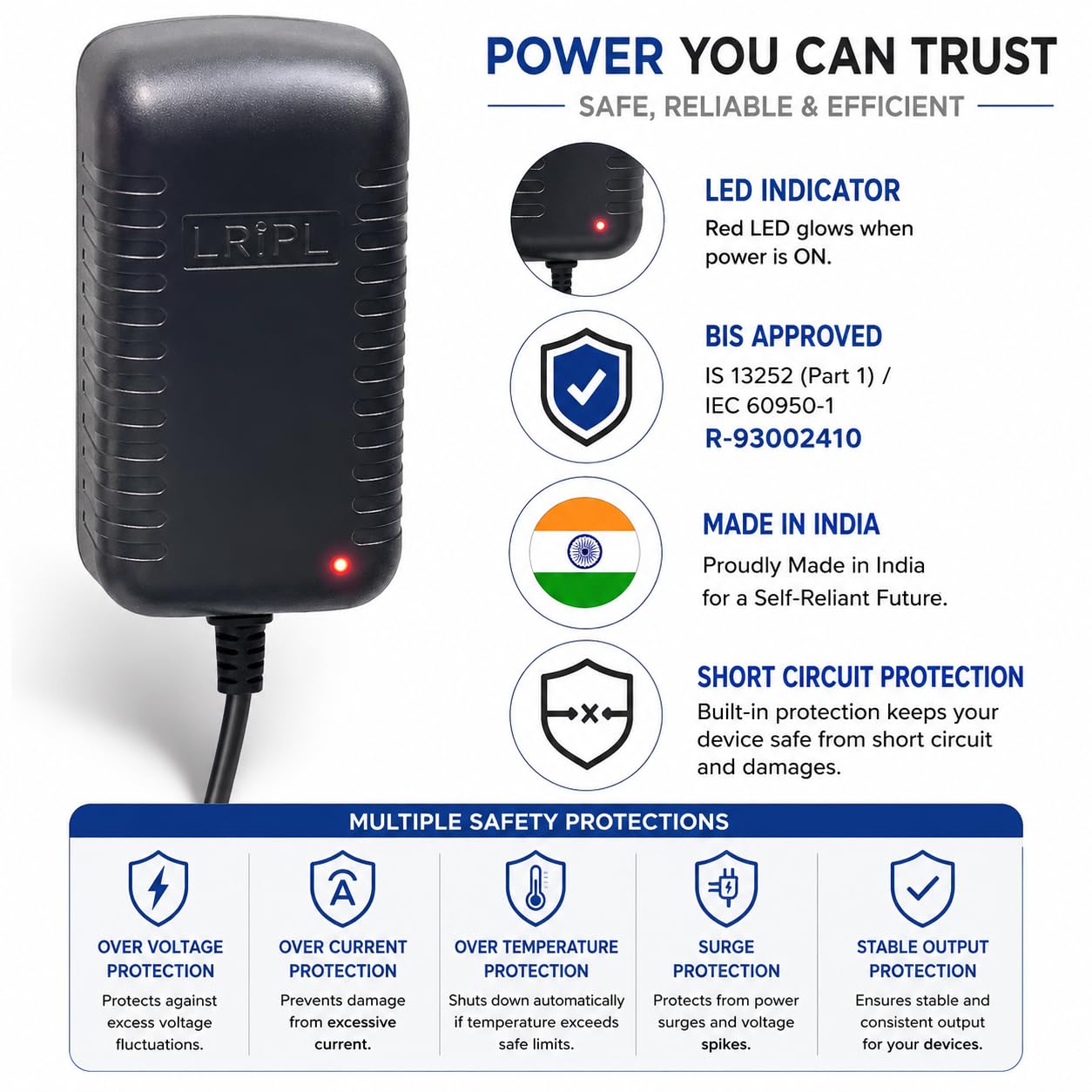 LRIPL 12V 1Amp Power Adapter with 2.5mm Pin 1 Meter Cable | Heavy Duty SMPS Converter Supply for Router, CCTV, DVR, NVR, Set Top Box & LCD Monitor & Electronic Devices - BIS Certified — Amazon image 4