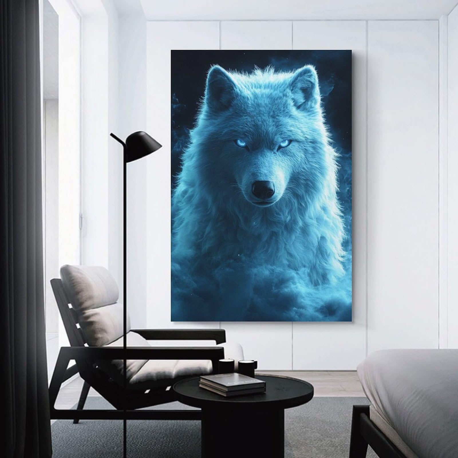 Junmoney Blue Wolf Portrait Wall Art Print, 20x30inch(50x75cm), for Bedroom Decor, Cosy Corners Or Studios, Decorative Wall Art for Cosy Rooms