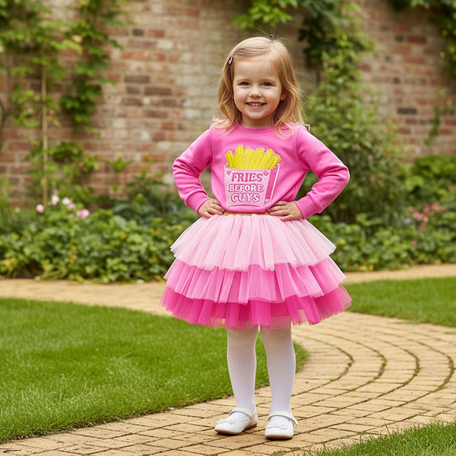 Baby Girl Valentines Day Outfit Fries Before Guys Long Sleeve Sweatshirt Layered Tulle Skirt Set Toddler Spring Clothes - Image 3