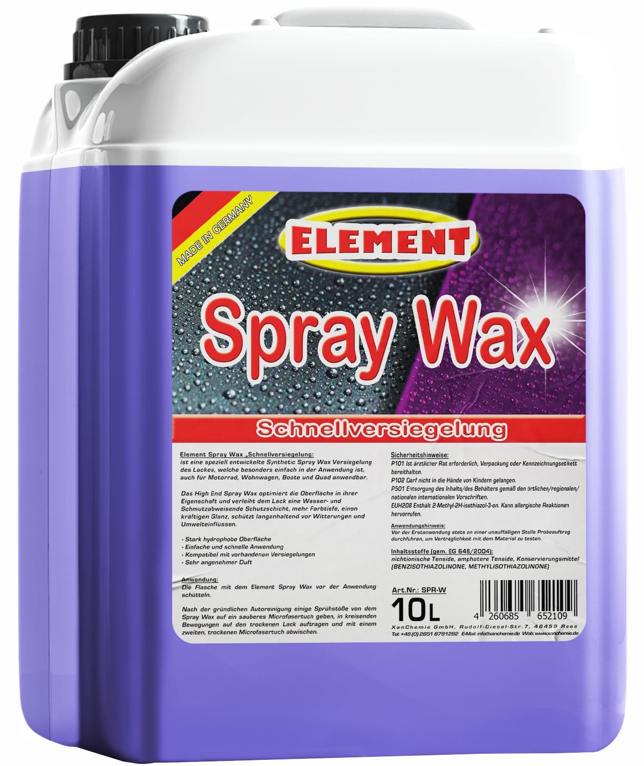 Element Sprühwachs Spray Wax 10L mit Abperleffekt | Synthetic Spray WAX | Autopflege für Glanz & Schutz | Sprühversiegelung | Schnellwachs Autowachs