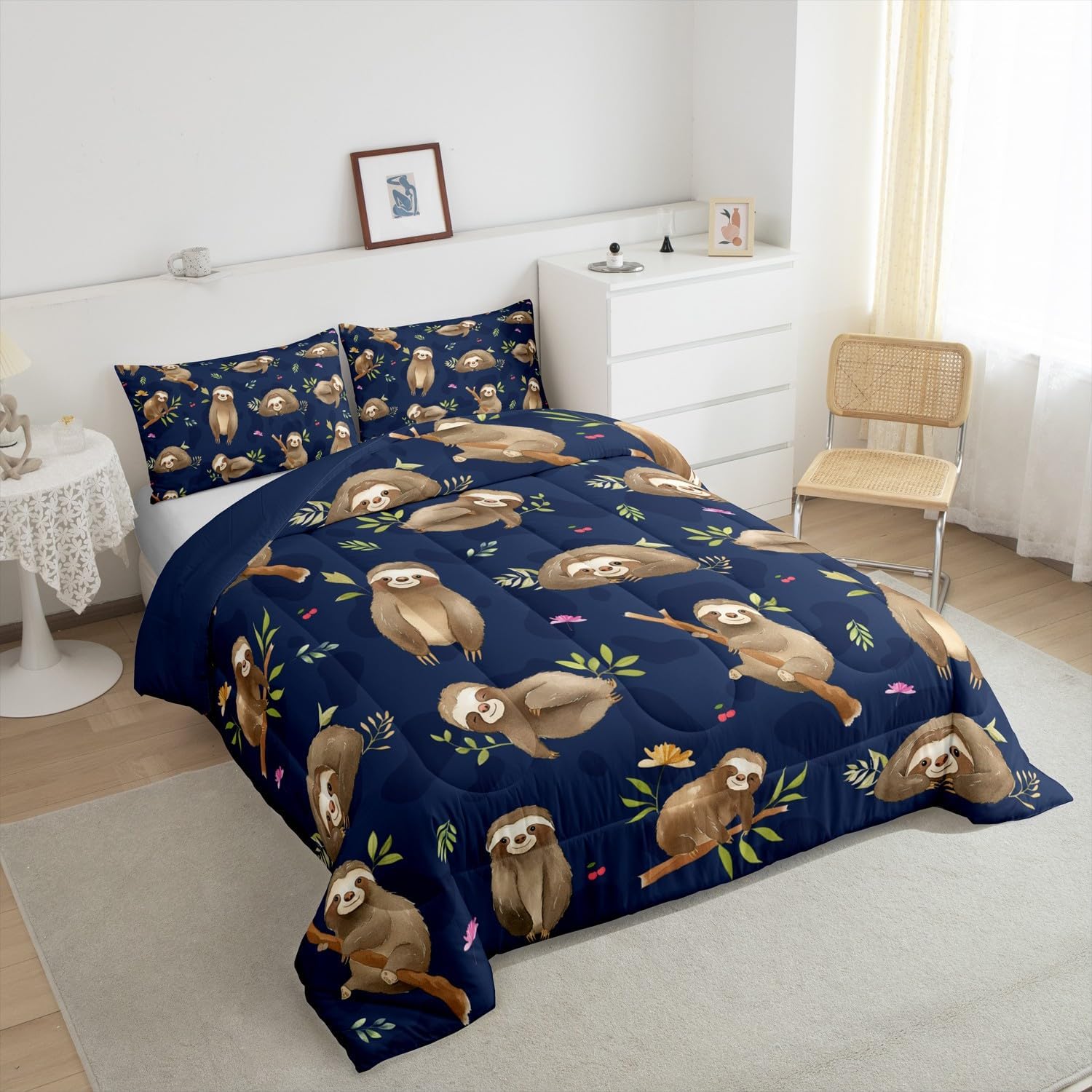 Feelyou Cute Sloth Comforter Queen Size Kawaii Animal Comforter Set for Toddler Boys Girls Children Cartoon Bedding Set Room Decor Tree Duvet Set 3Pcs