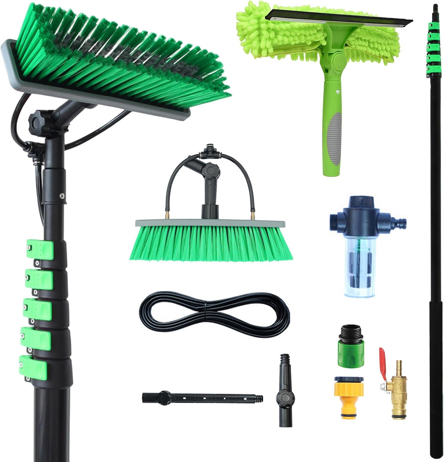 Window Cleaning Brush | 12 Meter Extendable Telescopic | Water Fed Window Cleaning Pole Aluminium | Squeegee & Soap Dispenser | Cleaner for Solar Panels, Roof, Cars